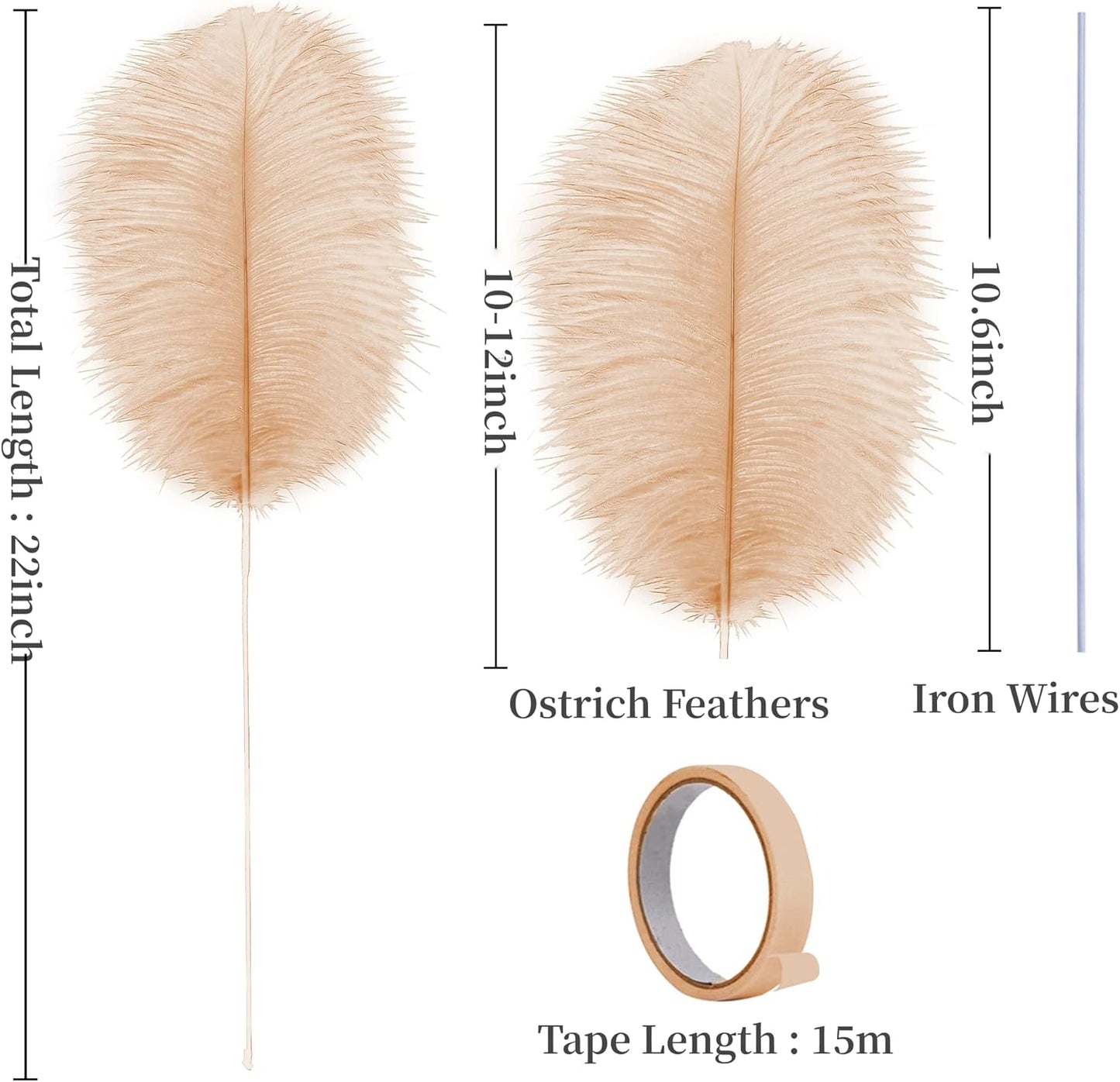 Holmgren Champagne Large Ostrich Feathers - 20pcs Making Kit 22 Inch Boho Feather Decor for Vase, Floral Arrangement, Wedding Party Centerpieces Home Decorations（Champagne）