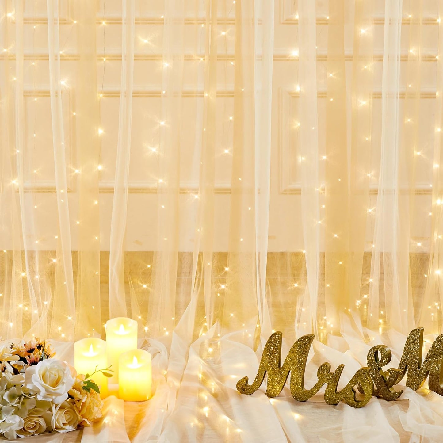 10ft x 10ft Champagne Sheer Tulle Backdrop Curtains with Lights String Wedding Backdrop for Reception Ceremony Birthday Party Baby Shower Photo Booth Background Decoration
