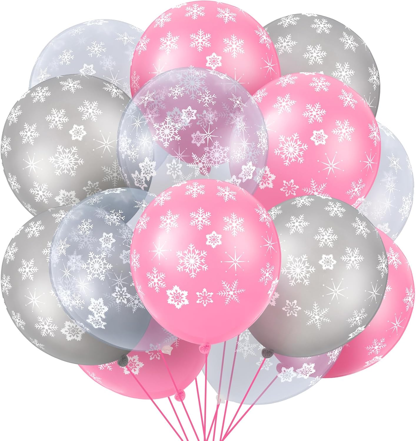 Skylety 40 Pieces Snowflake Balloons Bulk Winter Transparent Snowflake Latex Balloons for Christmas Birthday Wedding Party Decorations(Pink, Silver, Clear)
