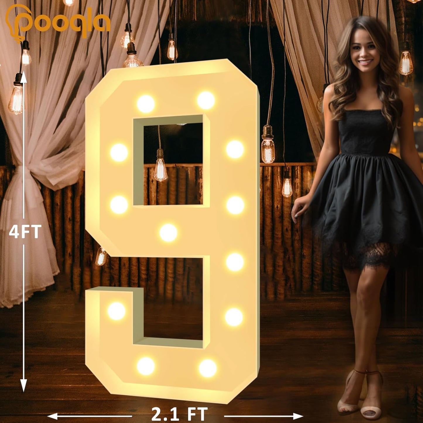Pooqla 4 FT Light Up Marquee Numbers, Cool White and Warm White LED Large Lighted Marquee Numbers, Giant Mosaic Light Up Numbers for Balloons 9th 19th 90th Birthday Party Decoration, LED Number 9