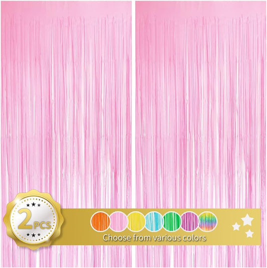 BEISHIDA 2 Pack Pink Tinsel Foil Fringe Curtains Light Macaron Metallic Curtain Photo Backdrop for Wedding Party Birthday Stage Bridal Shower Decor(3.28 ft x 6.56 ft)