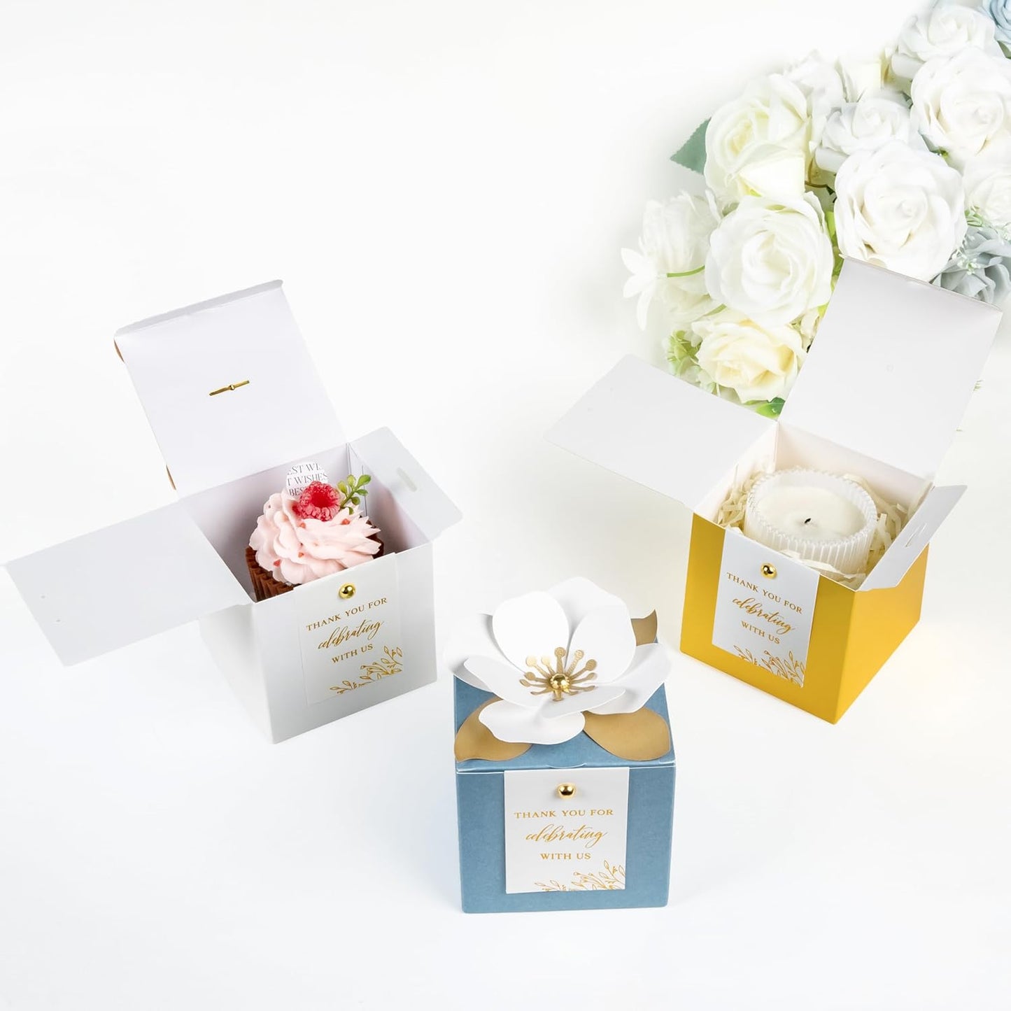 FEIYI 20 PCS White Gift Boxes, 3 In 1 Favor Boxes with Floral Decor, White Thank You Tags Cupcake Containers Gift wrapping for Wedding, Baby Shower, Birthday, Decorations Party - 3.55x3.55x3.55