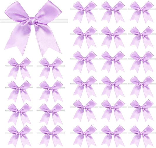 50 PCS Twist Tie Bows Satin Ribbon Bows 3.3 Inch Gift Wrap Bows Craft Bows for Gift Wrapping, Party Decorations Gifts Bag DIY Treat Bags Wedding Decor Baby Shower Christmas (Light Purple)