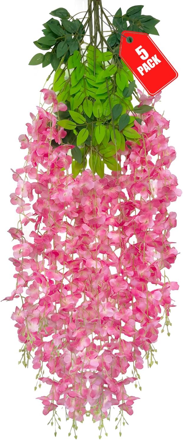 5 Pack Dark Pink Wisteria Hanging Flowers, 3.44 Ft Fake Hanging Flowers, Artificial Wisteria Garland Vines for Wedding Room Backdrop Outdoor Patio Garden Decoration