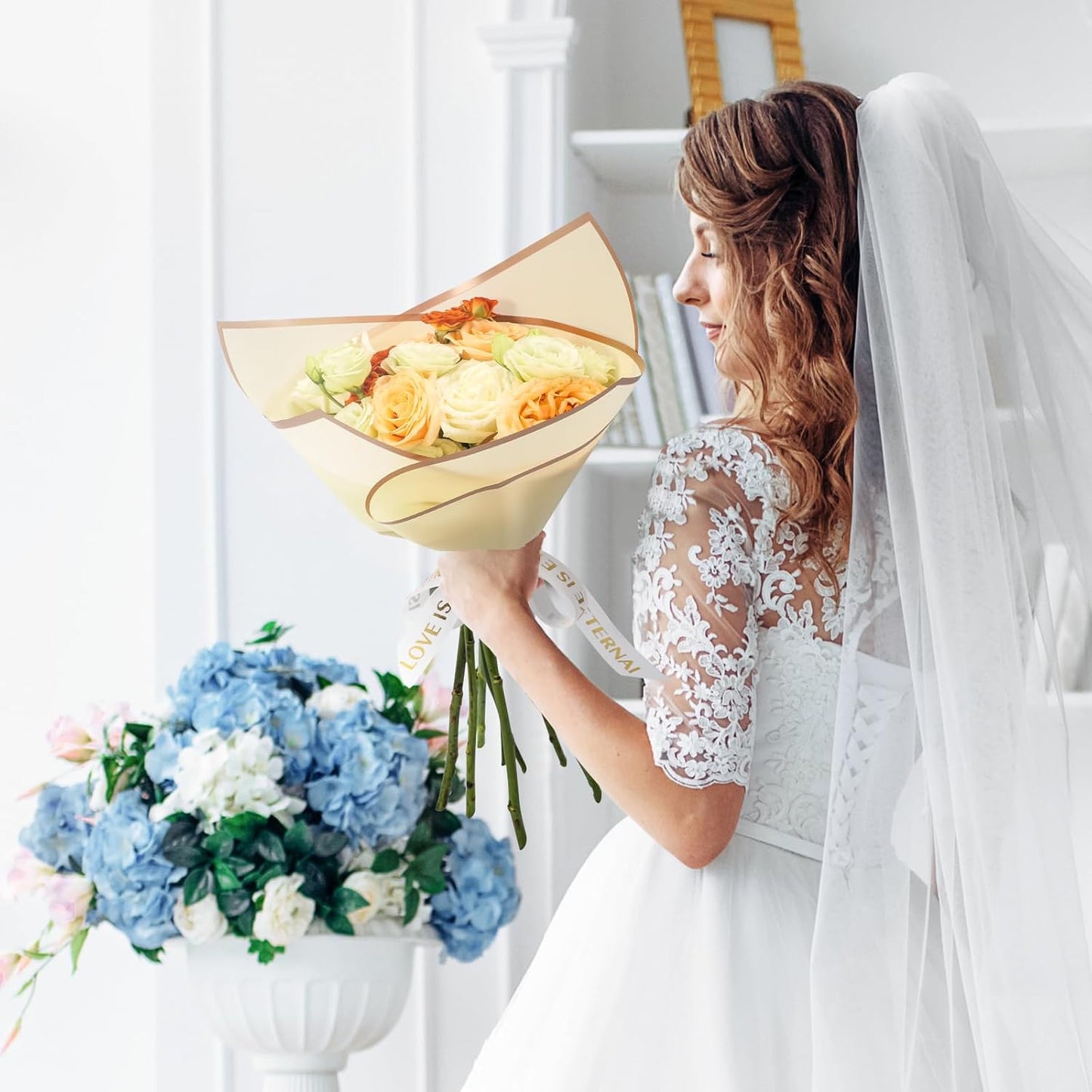 NESCCI 200 Sheets Flower Wrapping Paper - Waterproof Florist Bouquet Paper,70Ft Satin Ribbon, 36 Pcs 3D Butterflies 100 PCS Flower Pins for Wedding Birthday Gift DIY (10 Colors)