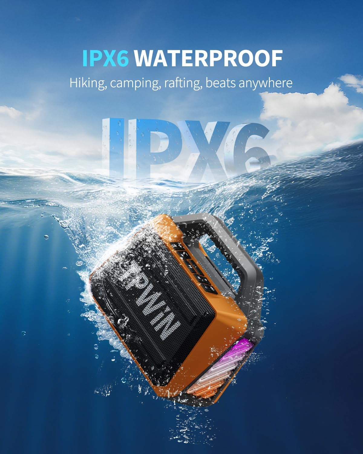 Bluetooth Speaker - 80W Loud, Rugged Outdoor Speakers, IPX6 Waterproof, 20H Playtime, Deep Bass, Lightshow, TWS, BT 5.3 Wireless, Portable for Travel Hiking Camping Beach Pool - Orange