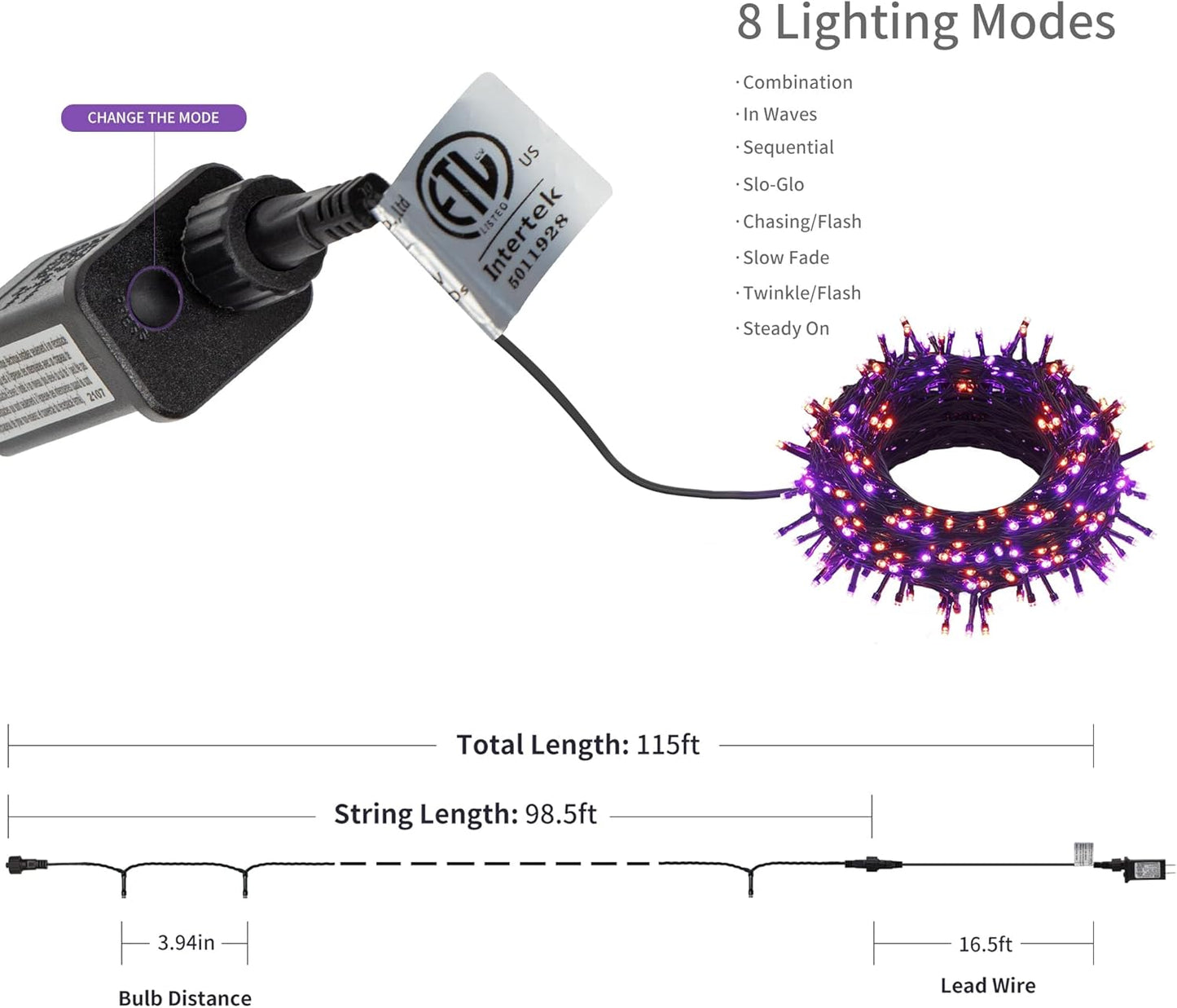 300 LED Halloween String Lights, 98.5FT with 8 Modes, Waterproof, Plug in for Indoor/Outdoor Party Decorations (Purple & Orange)
