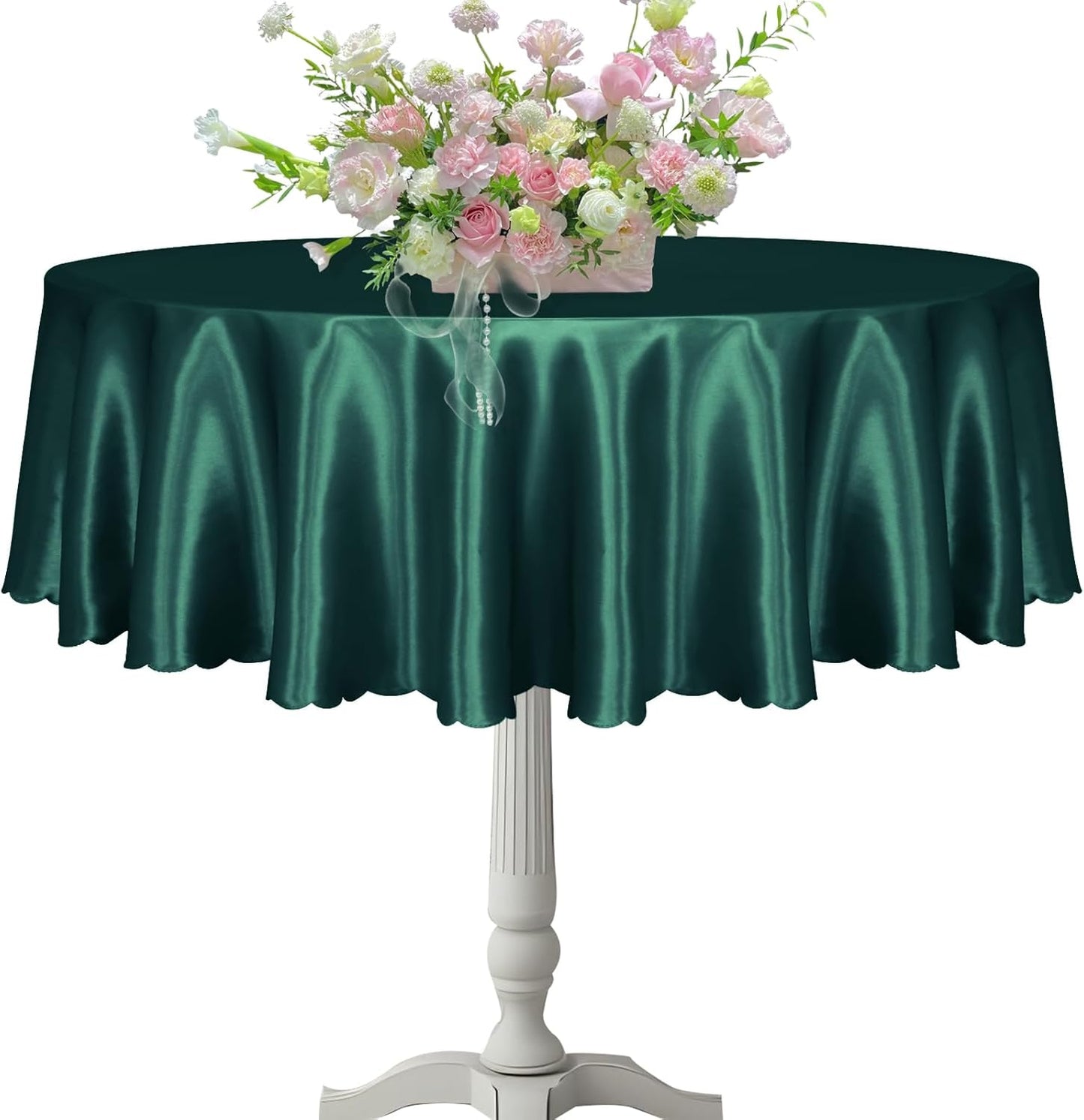 KKJIAF 1 Pack 60 Inch / 5ft Round Table Cloth, Hunter Green Overlay Round Satin Table Cover, Silky Satin Dining Tablecloths for Wedding Buffet Parties Banquet Decoration