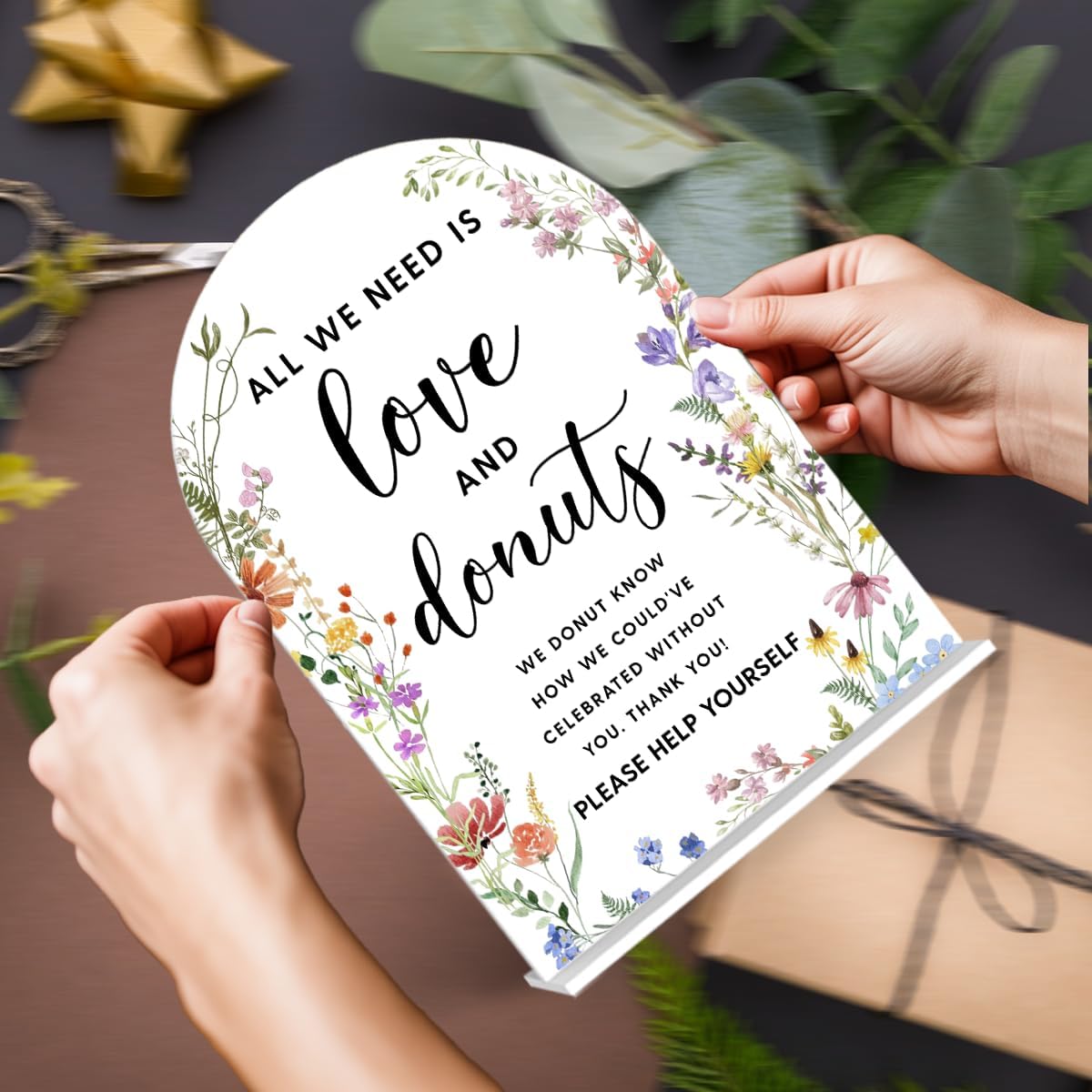 Acrylic Wedding Signs, Love and Donuts Signs for Marriage Reception, Bridal Shower Decorations, Modern Arched Round Top Acrylic Table Top Sign with Holder for Wedding Party Dinner (White Wildflowers)