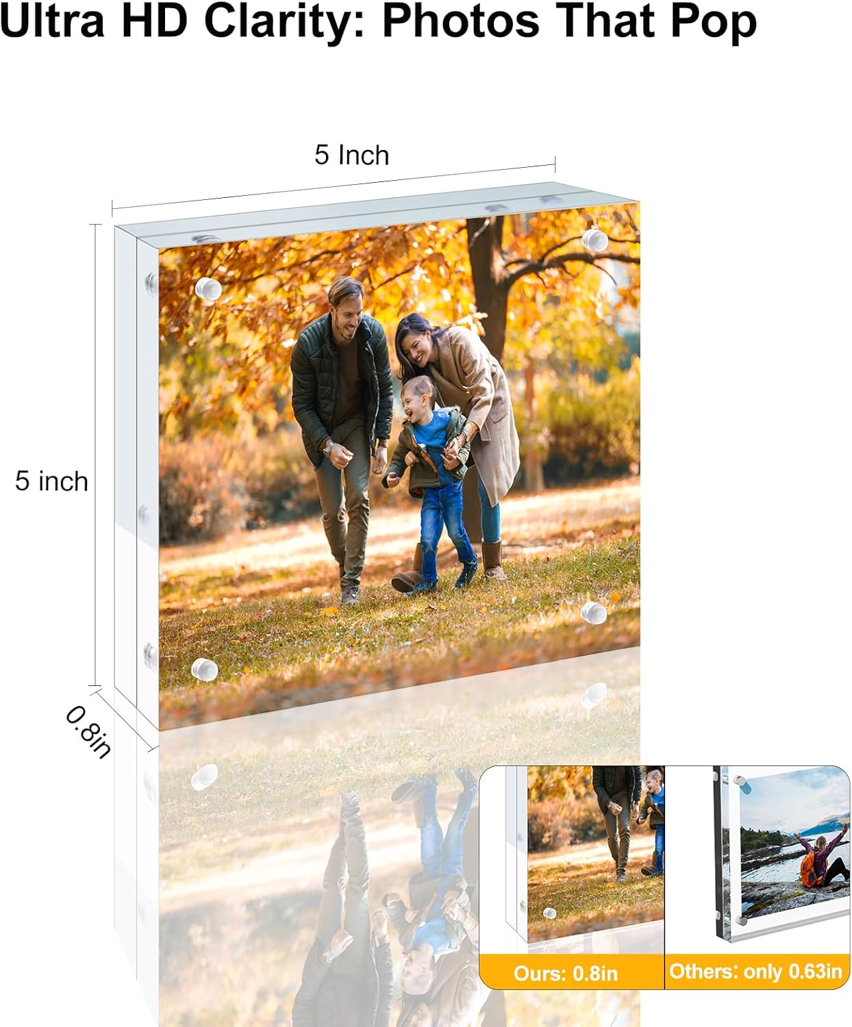 5 Pack 5x5 Acrylic Picture Frames - 20% Thicker Double Sided Magnetic Frame with UV Protection - Freestanding Clear Frameless Display for Tabletops - Modern Photo Frame Set for Home & Office Decor