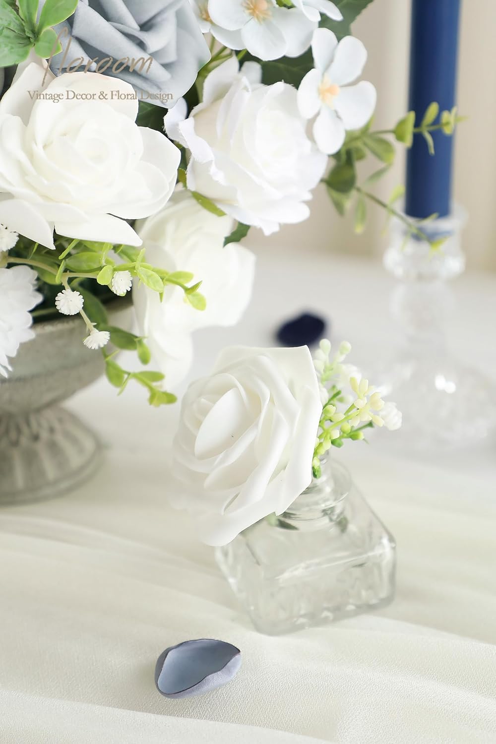 Floroom Powder Blue Ivory Artificial Flowers Fake Roses Dahlias and Greenery Combo Box Set for DIY Wedding Bouquets Bridal Shower Centerpieces Floral Arrangements Party Tables Home Decorations