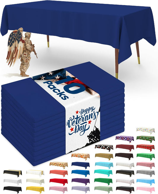 Pureegg Plastic Table Cloth Disposable 10 Pack, 54 x 108 Inch Table Cloths, Patriotic Decorations, Thanksgiving, Veterans Day Tablecloths, Rectangle, Plastic Cover, Leakproof & Sturdy, Navy Blue