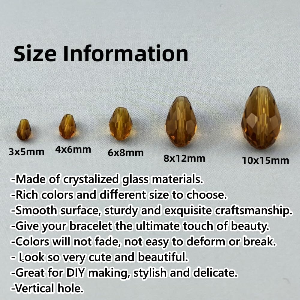 100pcs 8x12mm Teardrop Crystal Glass Beads for Jewelry Making, Faceted Vertical Hole Teardrop Glass Spacer Beads for Wind Chimes Bracelet Earring Necklace DIY Craft(Amber)