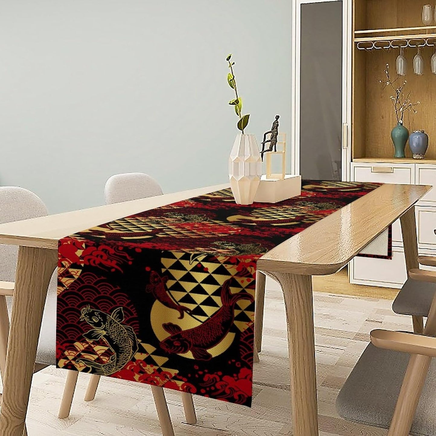 Japanese Table Runner Oriental Tradition Kio Fish Red Art Printed Burlap Runner Home Kitchen Dining Table Living Room Decor Fabric 1 Panel W13xL60in