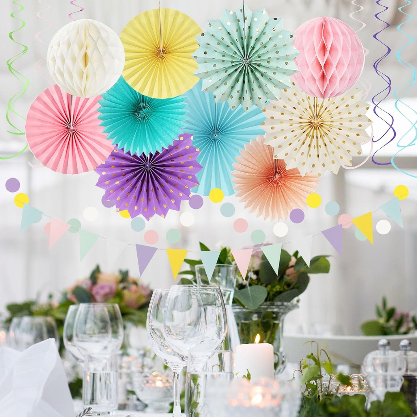Pastel Rainbow Pink Purple Yellow Peach Party-Decorations - 33pcs Kits Banner,Streamers Tassel Garland,Tissue Pom Poms Honeycomb,Paper Lantern Fans,Birthday Wedding Bridal Baby Shower Decor Hugtmr