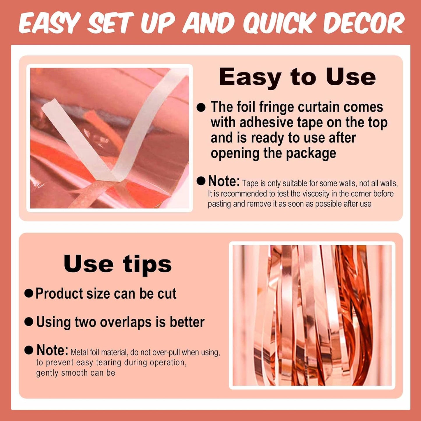 6 Pack Rose Gold Foil Fringe Curtains Backdrop, 3.28 x 8.2 Ft Metallic Streamers Tinsel Curtains Background for Photo Booth, Birthday, Weddings, Carnivals, Graduation, Themed Party Decorations