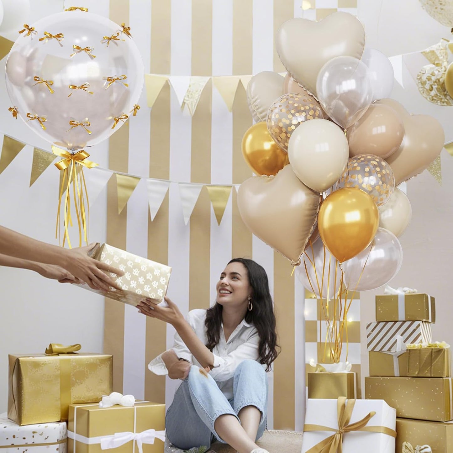 Sand White and Gold Balloons Beige Heart Balloon as Engagement Party Decorations, Metallic Gold and Cream White Nude Confetti Balloons 18 inch Clear Heart Shape Foil Balloon as Bride Wedding Decor