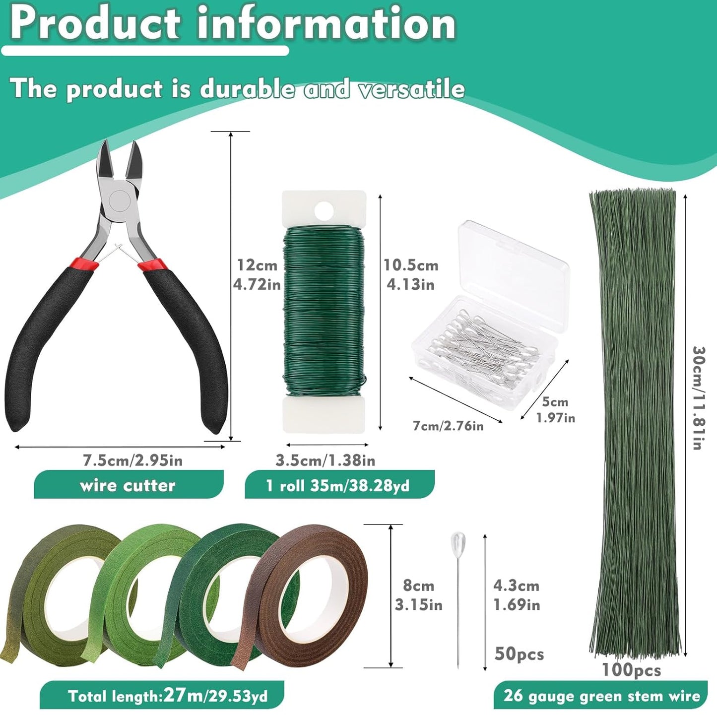 Floral Tape and Wire, Green Floral Tape, Arrangement Tools Kit with Wire Cutter, 22 Guage Paddle Wire 26 Gauge Flower Wire Set, Boutonniere Pin for Bouquets, Crafts, Wrap Florist