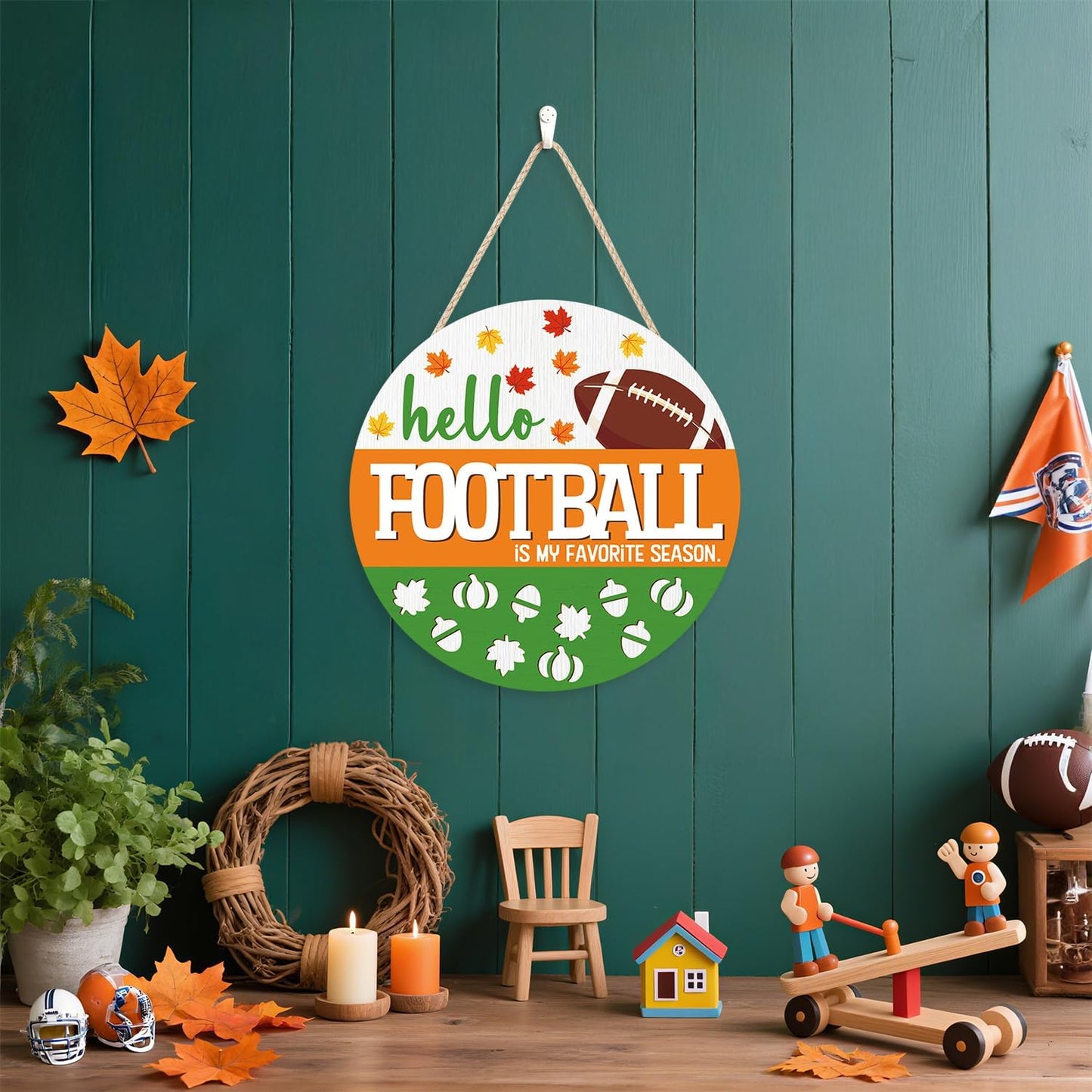 CHDITB Hello Football is My Favorite Season Front Door Sign Wreath(12"x12"), Wooden 3D Fall Decoration Wall Hanging, Farmhouse Rugby Autumn Harvest Maple Leaves Decor Hanger for Front Porch Outdoor