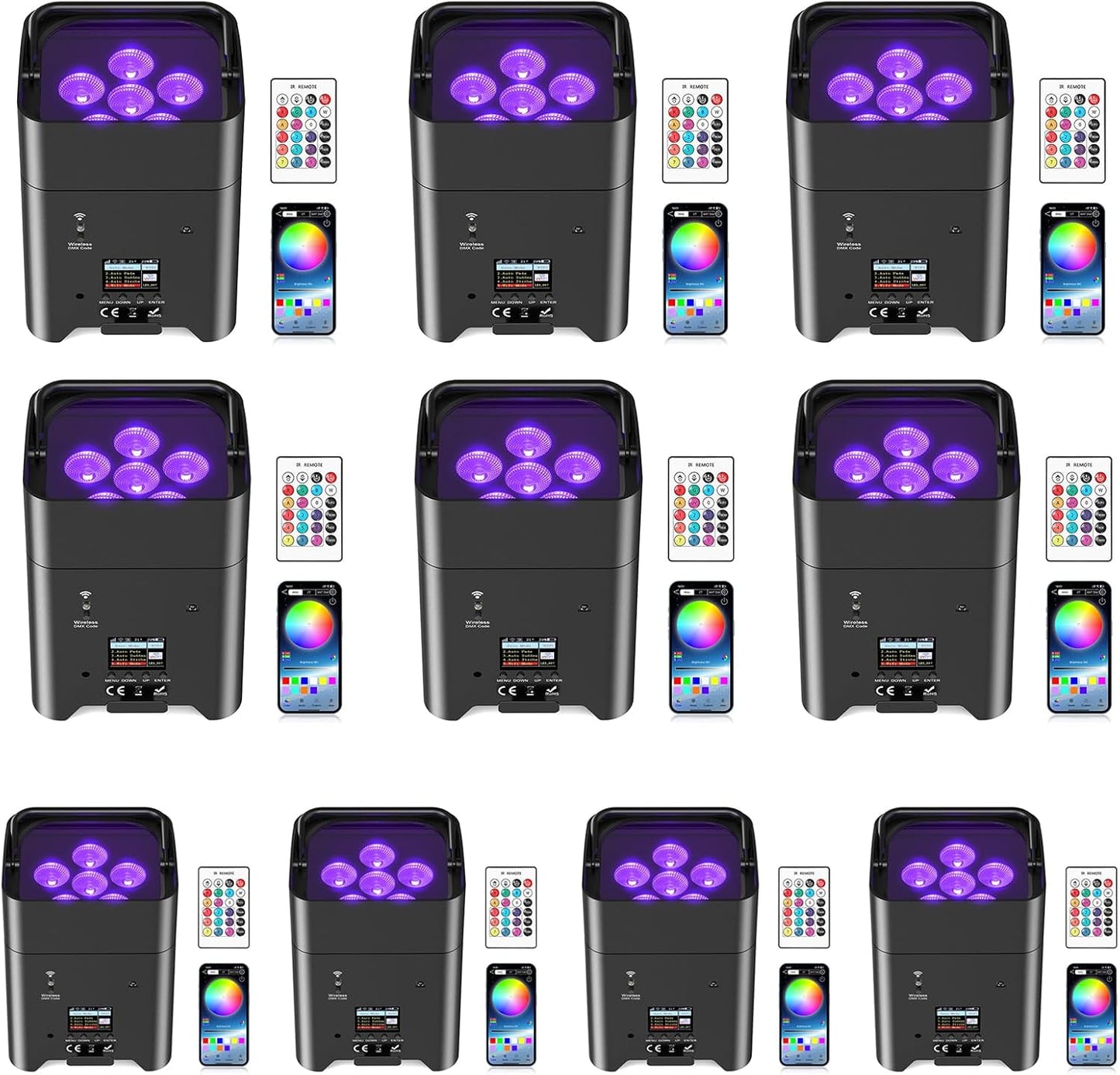9600mAh Wireless Uplights, 6x18W RGBWA UV Stage Lights, APP/DMX512 Controlled Par Lights, Rechargeable Battery Powered Uplights for Show, Party, Festival, Event, Black, 10 Pack