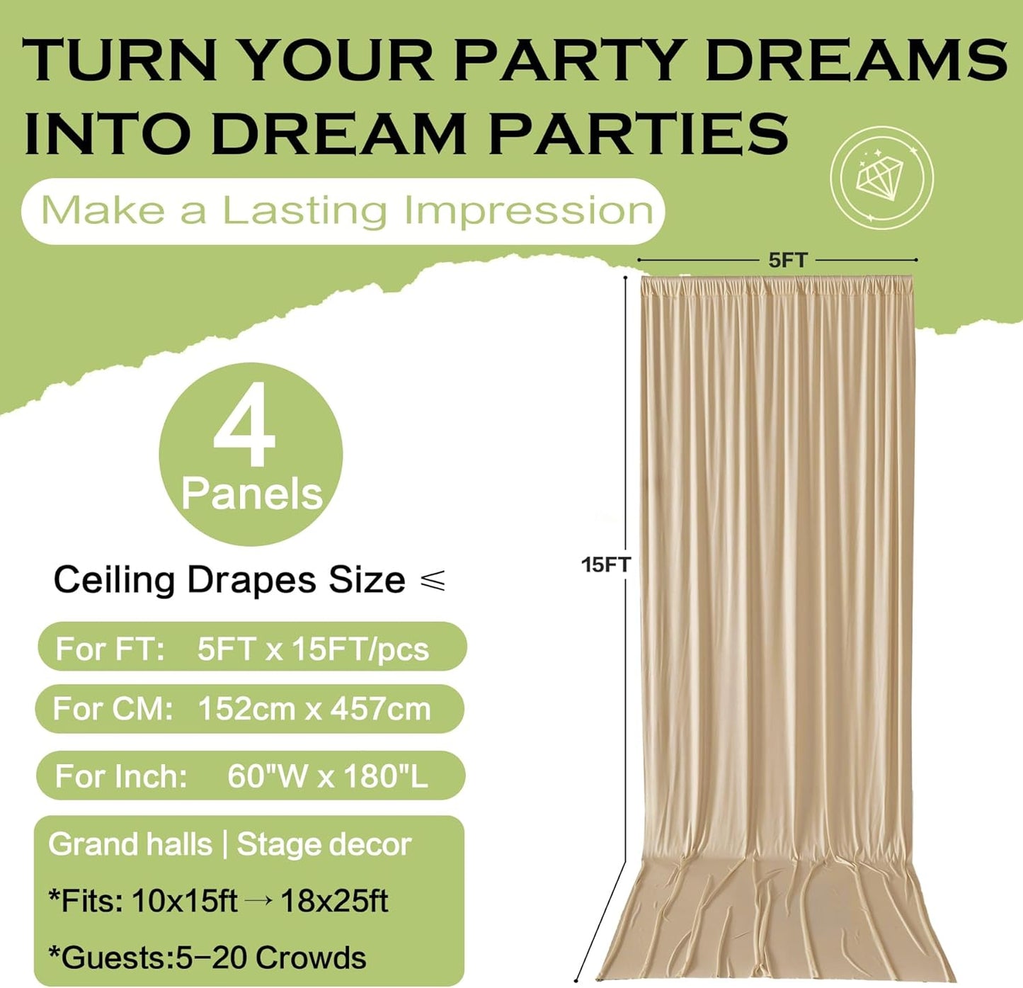 PartyVillage 20ft×15ft Beige Backdrop Curtain for Wedding Parties, 4 Panels Wrinkle Free 15 FT Long Polyester Photo Backdrop Drapes Back Drop Cloth for Birthday Photography Background