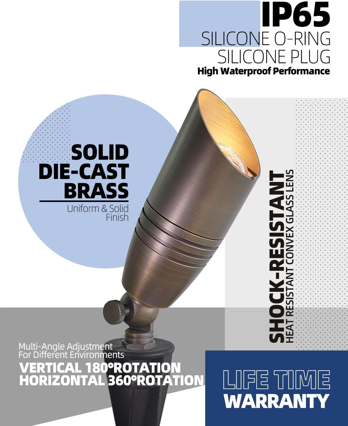 MALORY Brass Landscape Spotlights 4-Pack with Bulb Kit(S02), Low Voltage 12V AC/DC LED Outdoor Spot Uplights for House and Tree,PVC Ground Stake and Wire Connector Included, 5W 2700K Warm White