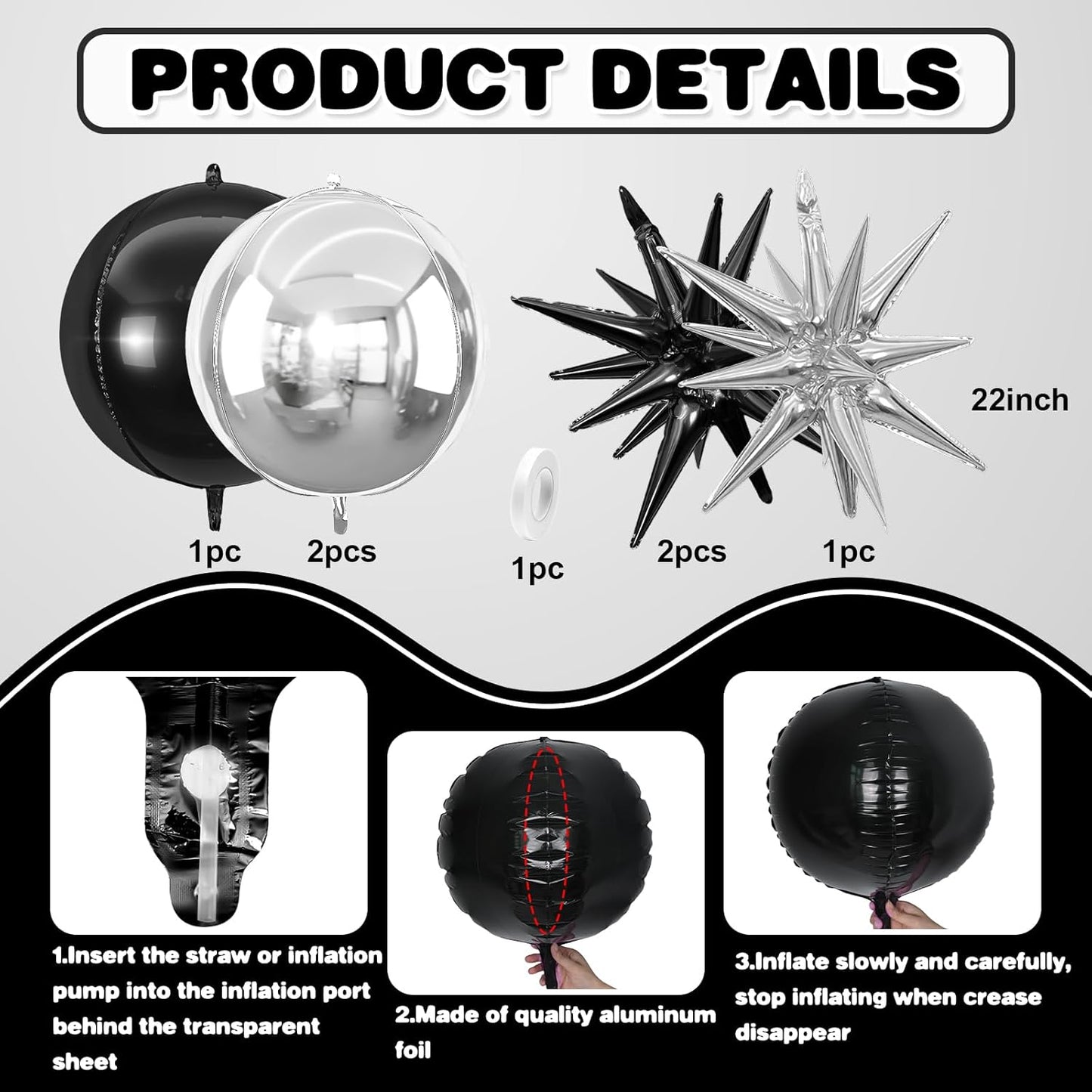 6Pcs Black Silver Foil Balloons,22Inch Black Silver 4D Round Ball Balloon and Explosion Star Balloon for Birthday Wedding Baby Shower Anniversary Decorations