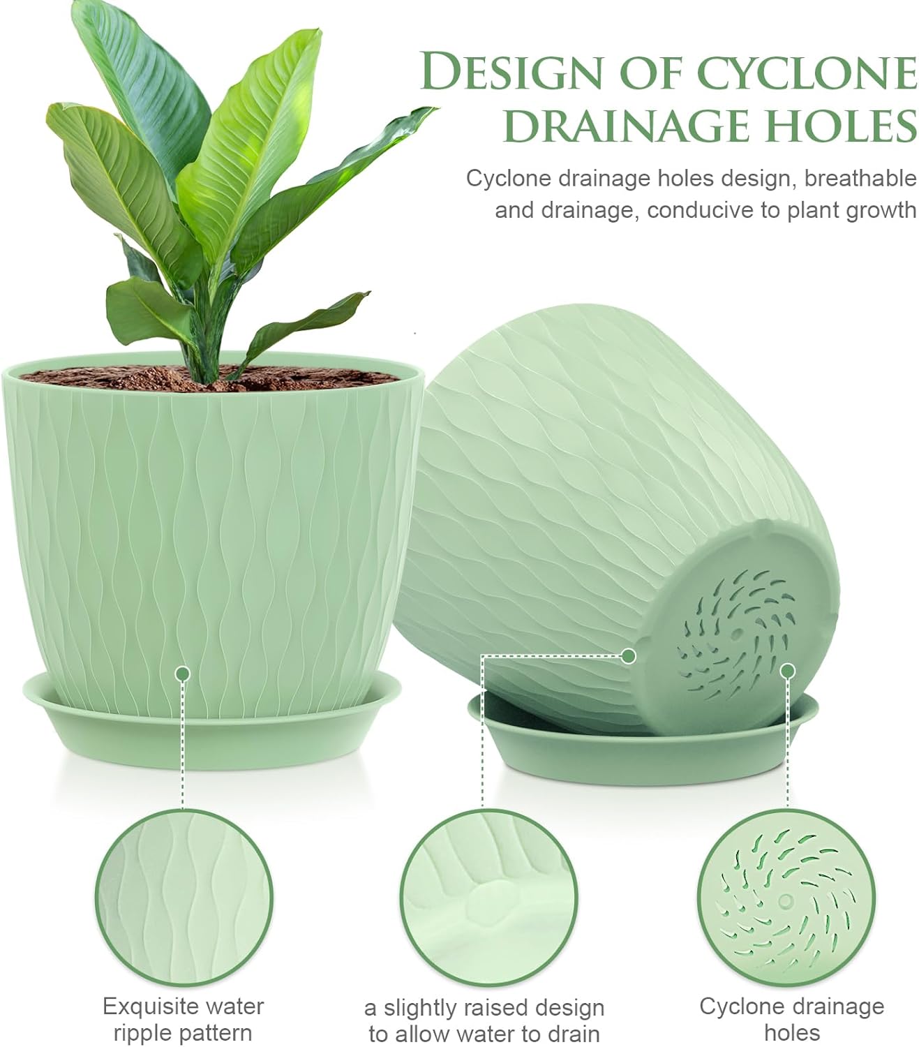 7 inch Flower Pots, 5 Pack Plant Pots with Drainage Holes and Saucers for Indoor Plants, Plastic Planters with Water Ripple for Small Garden House Plants, Nursery Pots for Succulent, Green