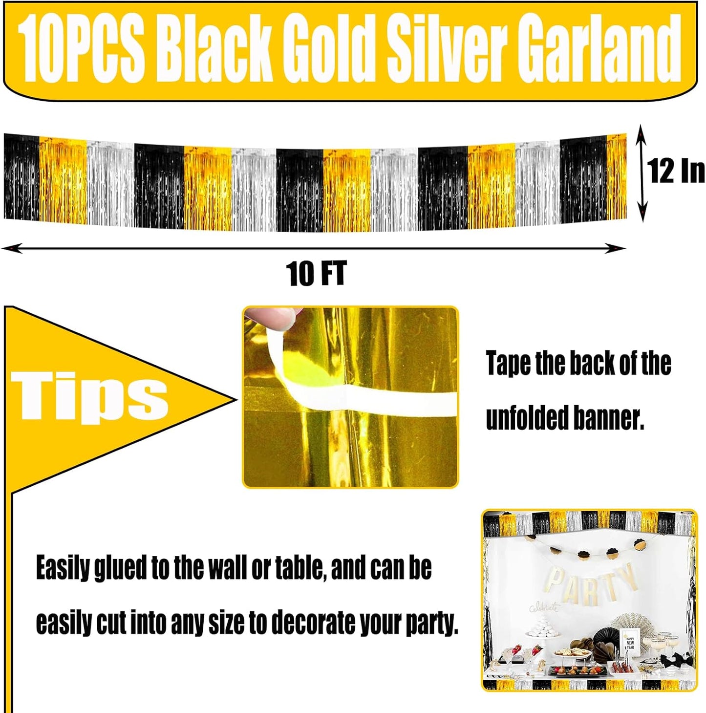 10 Pack 10 Feet Foil Fringe Garland Metallic Tinsel Streamers Banner Wall Hanging Backdrop for Parade Floats, Notorious One Birthday Roaring 20s Graduation Party Decorations(Black Gold Silver)