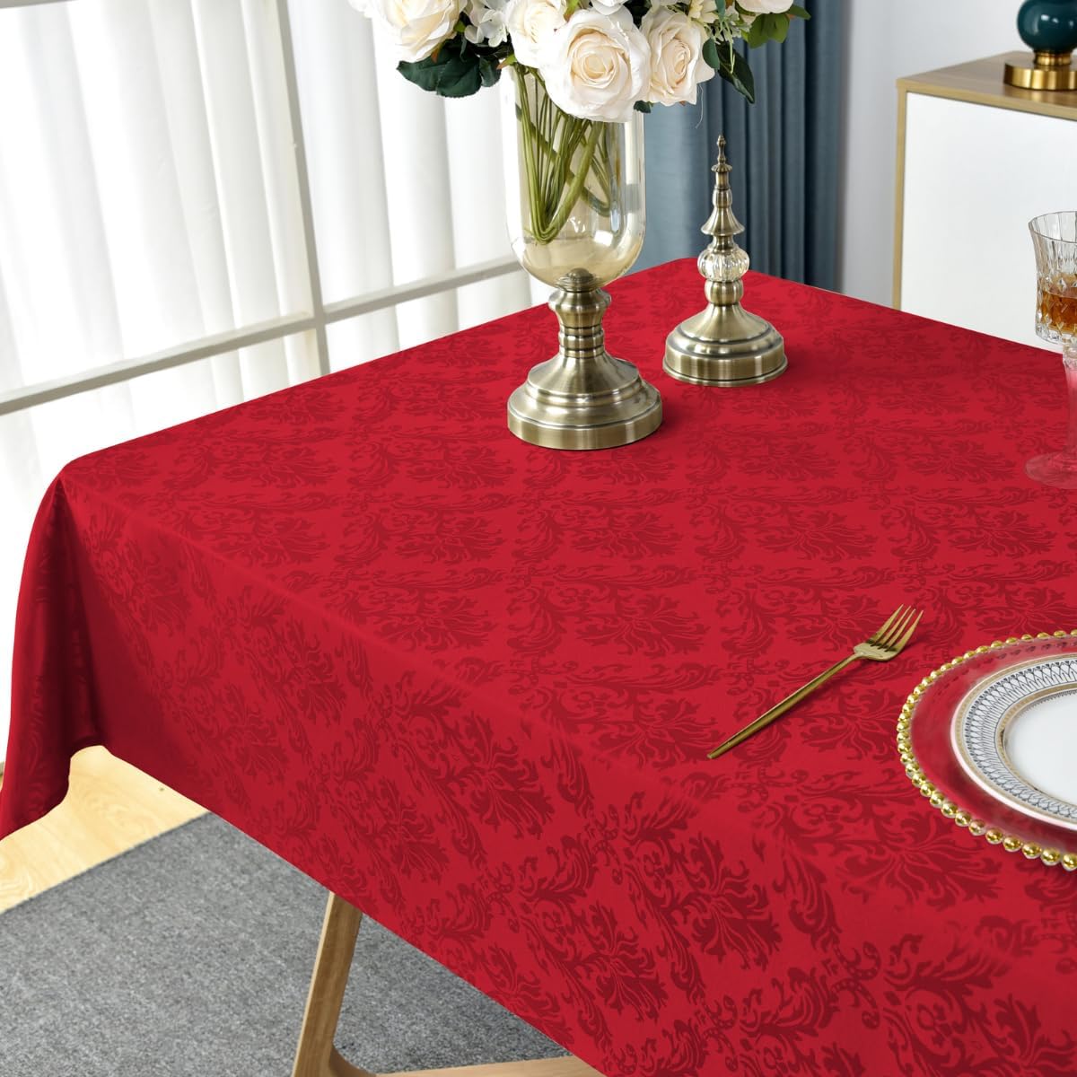 SASTYBALE Rectangle Jacquard Tablecloth, Damask Table Cloth SpillProof Wrinkle Resistant Tablecloths, Soft Polyester Oblong Table Cover for Kitchen, Dinner, Parties (Red, 60X120)