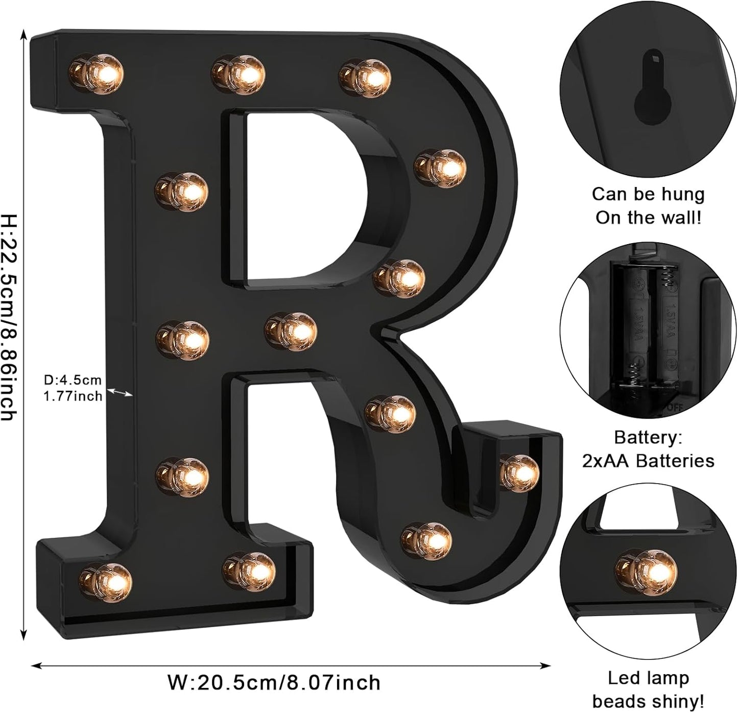 Foaky Black LED Letter Lights for Room Decor - Bedroom Wall Decor, Alphabet Lights for Home, Wedding, Party - Battery Operated （R）