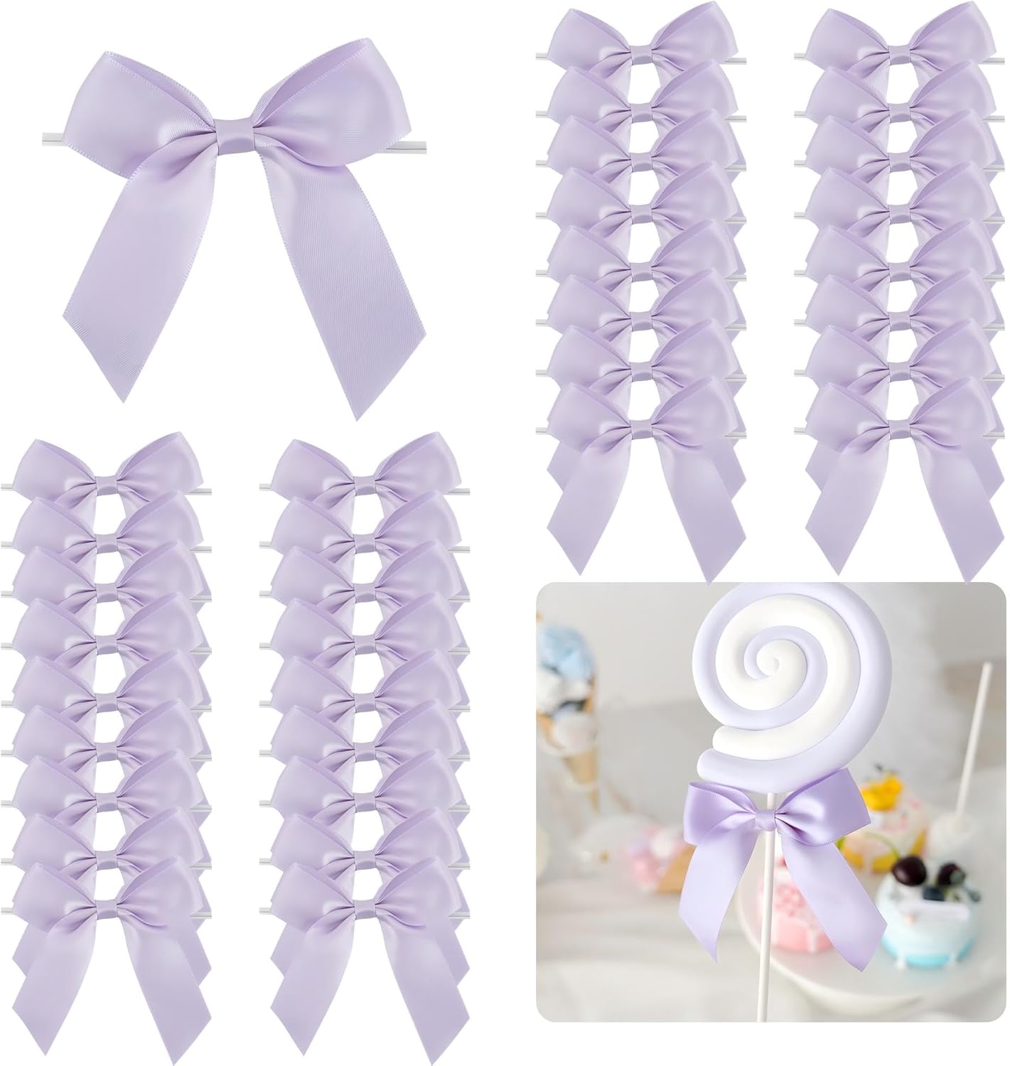 3.5" Lavender Bow Satin Pre-Tied Bows for Gift Wrapping, Small Bows for Crafts, Purple Bows, Candy Apple Bows, Twist Tie Bows for Cake Decorating, Party Favor, Wedding Decoration-36 Counts