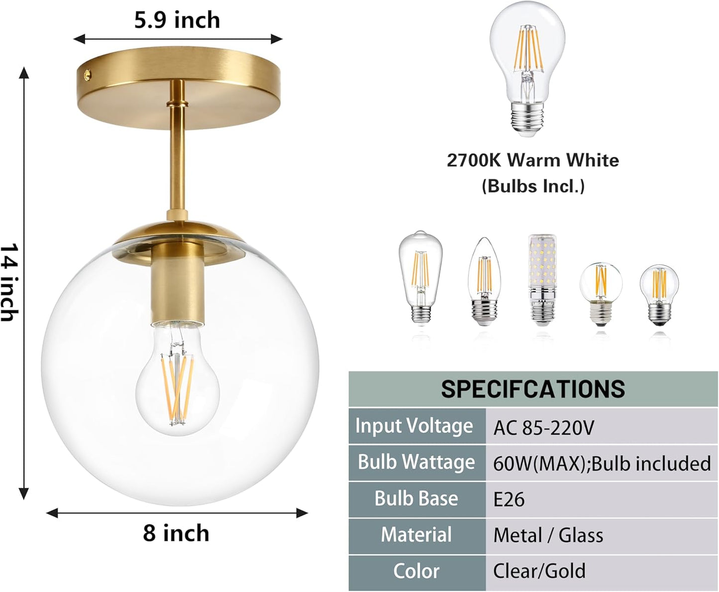 Globe Semi Flush Mount Ceiling Light, Clear Glass with Brass Finish, Contemporary Mid Century Modern Style Lighting Fixture Gold(12W 2700K LED Corn Bulb Included)