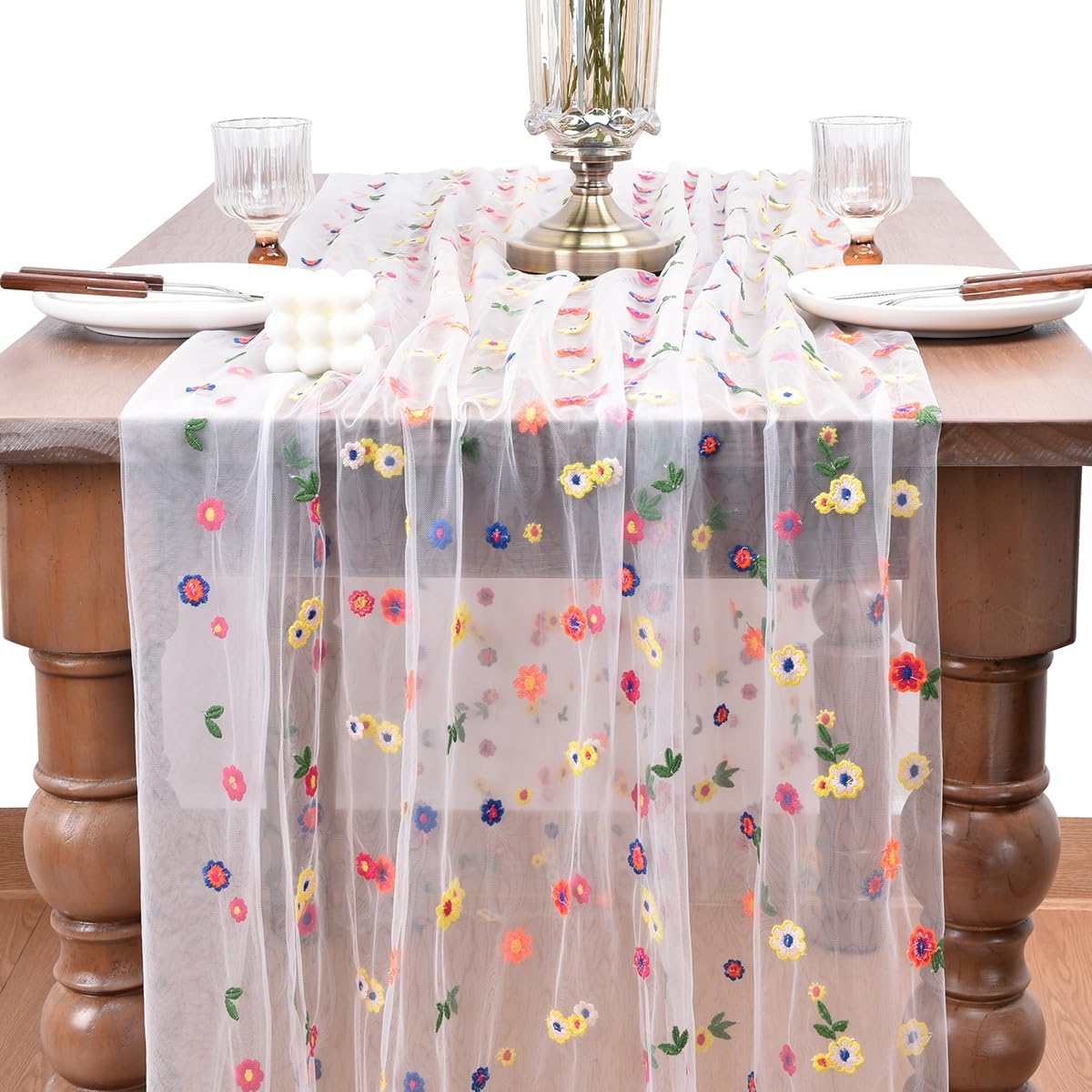 Joanlody Ivory Embroidery Daisy Fall Thanksgiving Table Runner 10ft Florals Seasonal Tulle Table Runner Holiday Kitchen Dining Table Decoration for Home Party Indoor