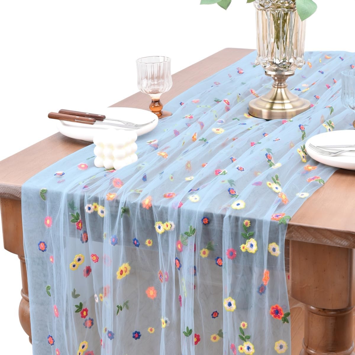 Joanlody 3pcs Blue Embroidery Daisy Fall Thanksgiving Table Runner Florals Seasonal Tulle Table Runner Holiday Kitchen Dining Table Decoration Wedding Party
