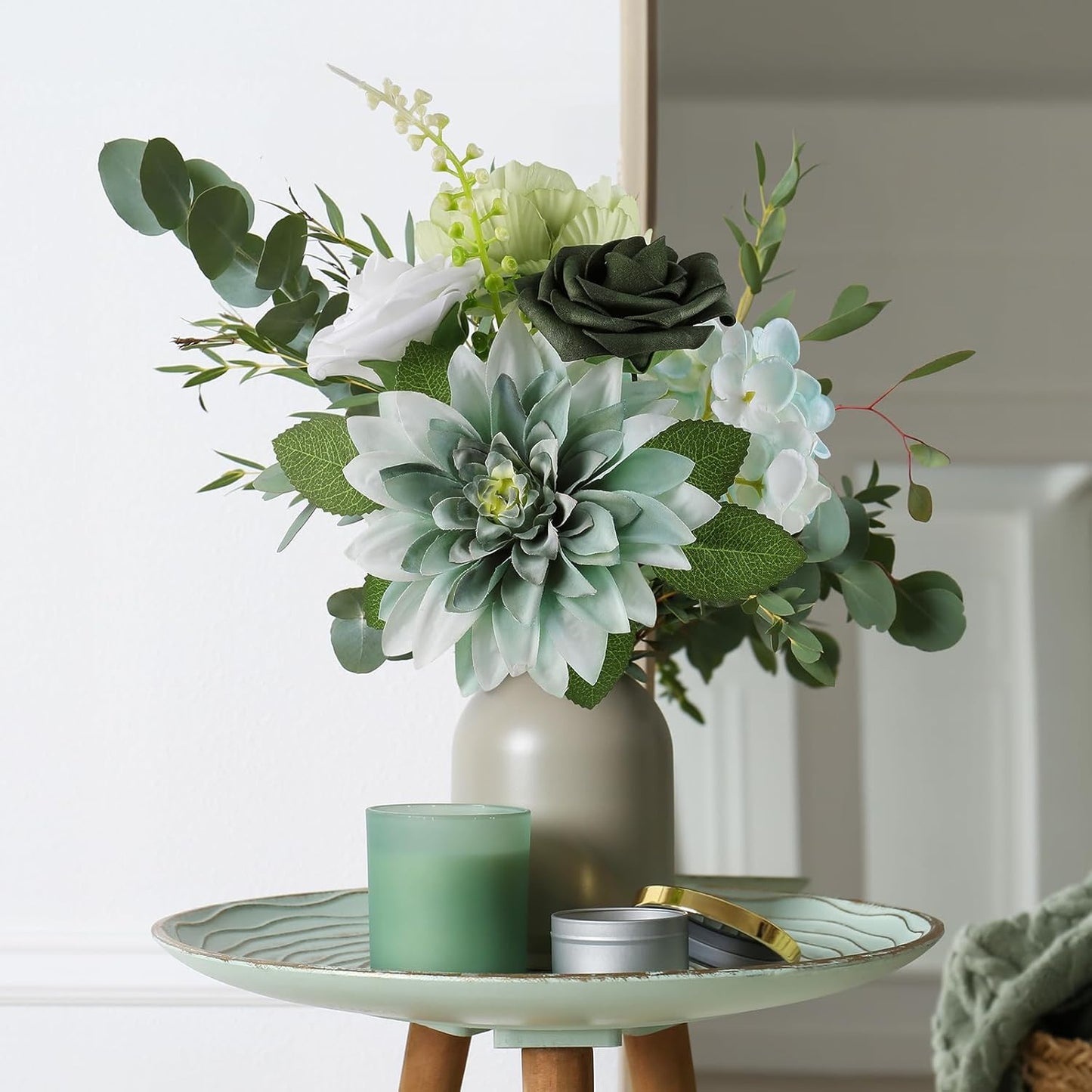 AmyHomie Forest Sage Green White Artificial Flowers Combo Silk Rose Fake Flowers w/Stem for DIY Wedding Bouquets Centerpieces Arrangements Table Fall Decor Party Bridal Baby Shower Home Decorations