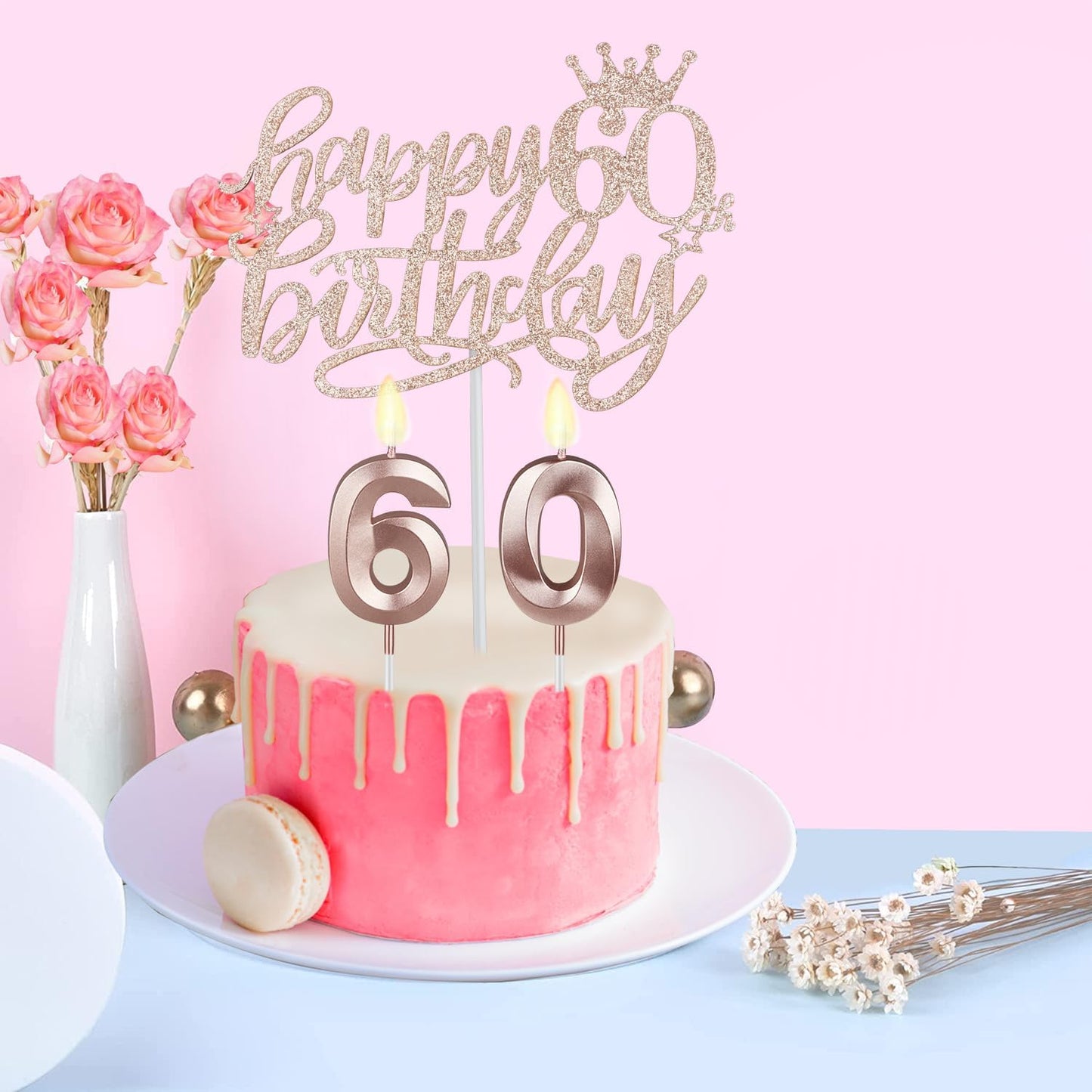 60th Birthday Decorations for Woman, Including 60th Birthday Sash and Crown, Cake Topper and Candles, 60 Year Old Gifts for Women