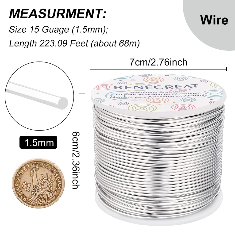 BENECREAT 15 Gauge 220Feet Soft Aluminum Wire Anodized Jewelry Craft Making Beading Floral Colored Aluminum Craft Wire for Gem Wrapping, Jewelry Craft Making - Silver