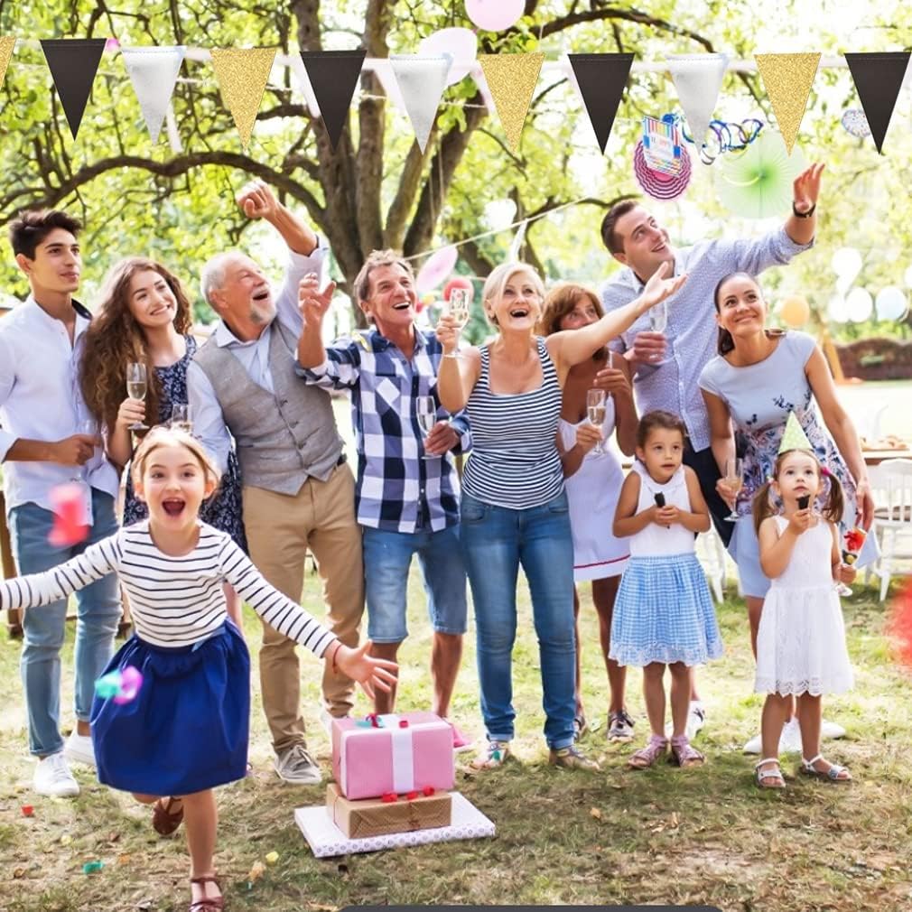 Triangle Flag Bunting Banner, MerryNine 3 Pack 30 Feet Vintage Style Pennant Banner for Wedding, Baby Shower, Event & Party Supplies 78pcs Flags (Triangle Flag - Black Silver Gold Glitter)