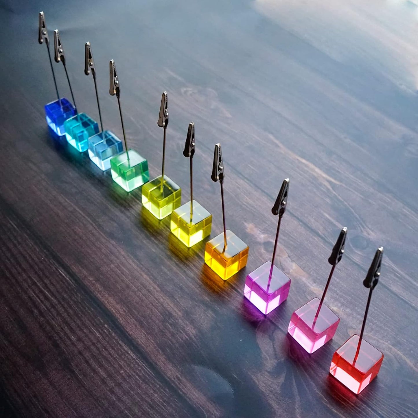 Desktop Picture Holders, 10 pcs Rainbow Colors Polaroid Photo Clip Stand for Paper Name Place Card Postcard Memo Menu Note Memory Photo Christmas Wedding Number Card Display with High Clear Cube Base