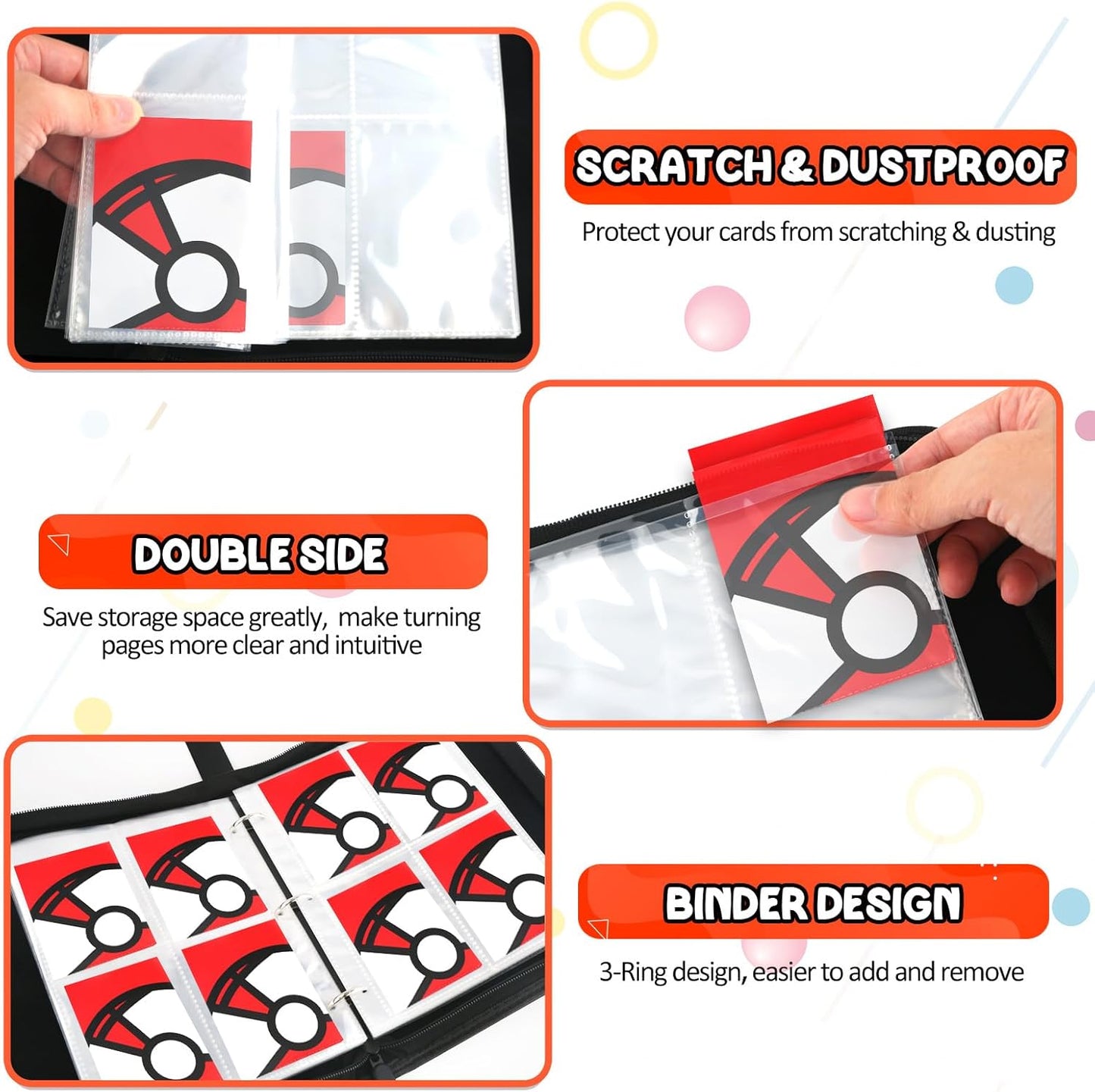 Trading Card Binder 4-Pockets, 400 Pockets Card Holder with 50 Removable Sleeves, Large Capacity & Waterproof Zipper Album Holder for Trading Card Collector, Portable Card Album Book for Game Card-Red