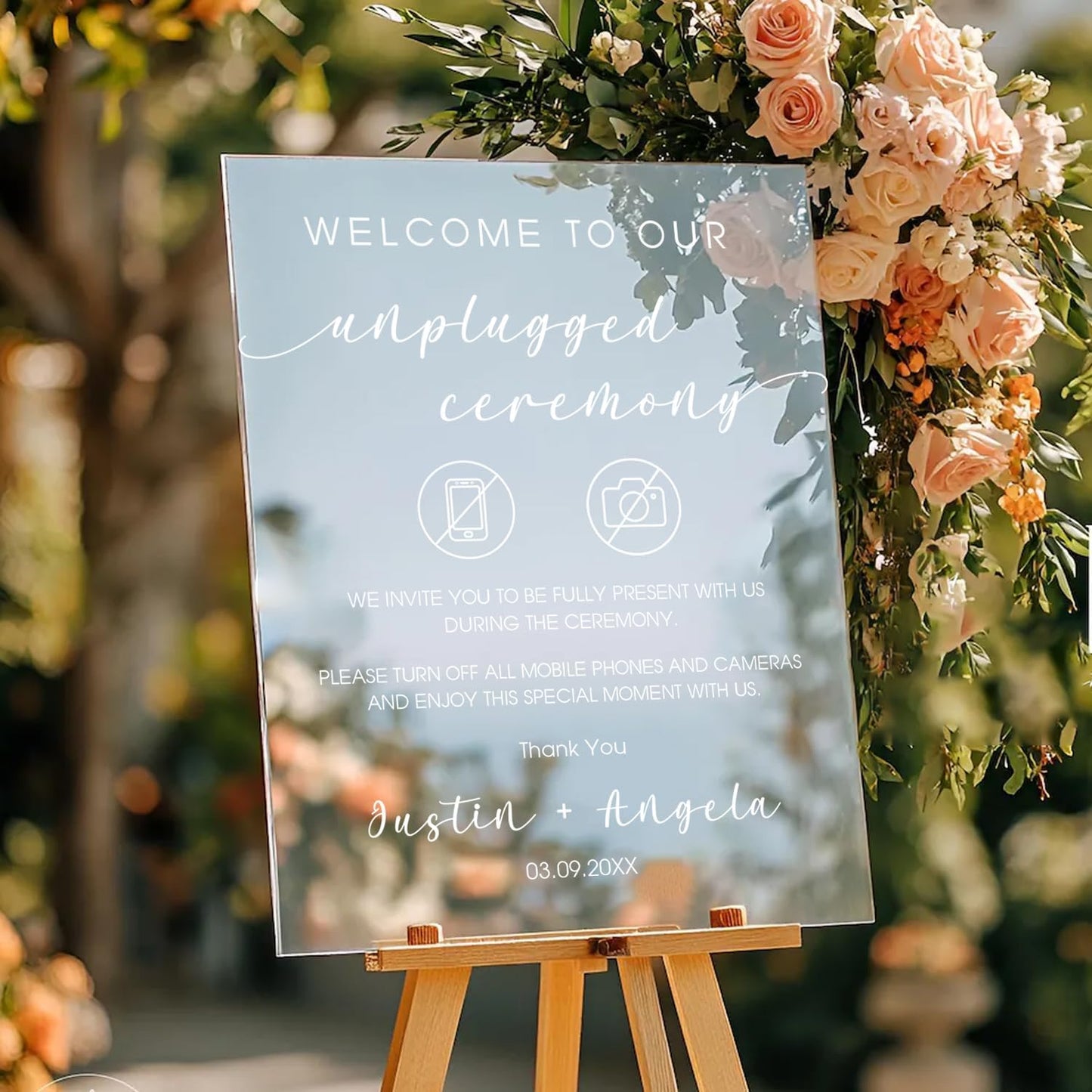 Wedding Unplugged Ceremony Yard Sign – No Phones or Cameras Icon – Outdoor Sign Personalized – Acrylic or Corrugated