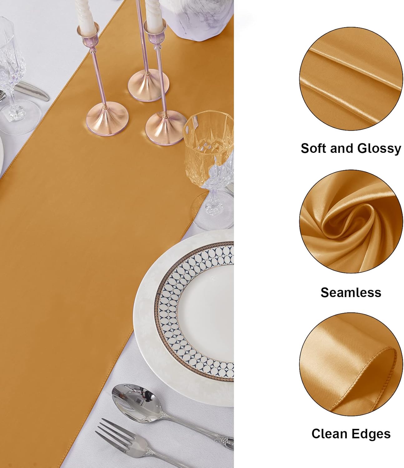 24Pack Table Runner 12 x 108 Inches Satin Silk Table Runner for Wedding, Birthday Party, Banquets, Graduations Decoration, fit Rectange and Round Table-Gold