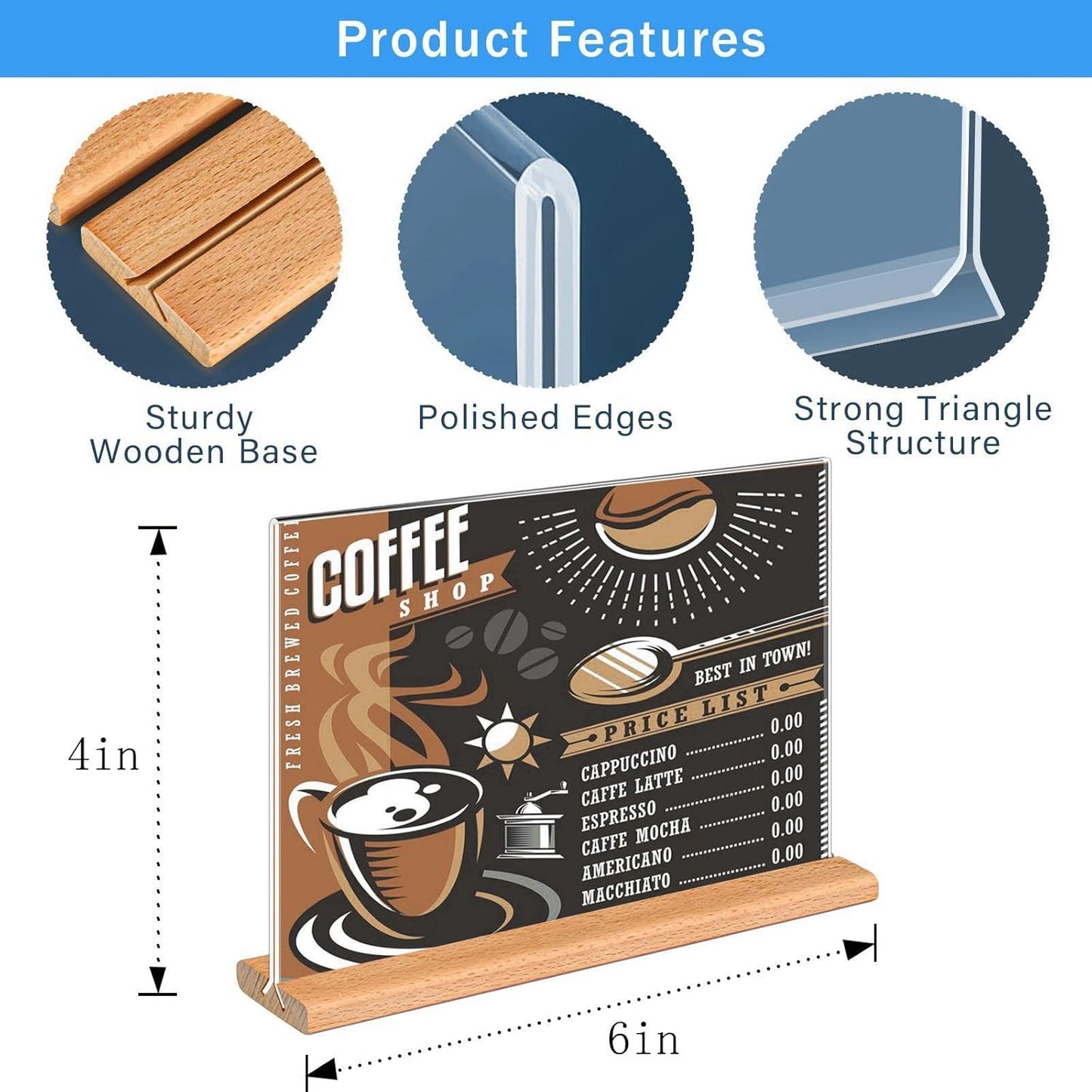 Kersally Acrylic Sign Holder 6 x 4, 3 Pack Double-Sided Clear Table Display Stands with Wood Base,Horizontal Acrylic Frame Menu Flyer Paper Holder for Store, Restaurant, Hotel, Office, Show Fair