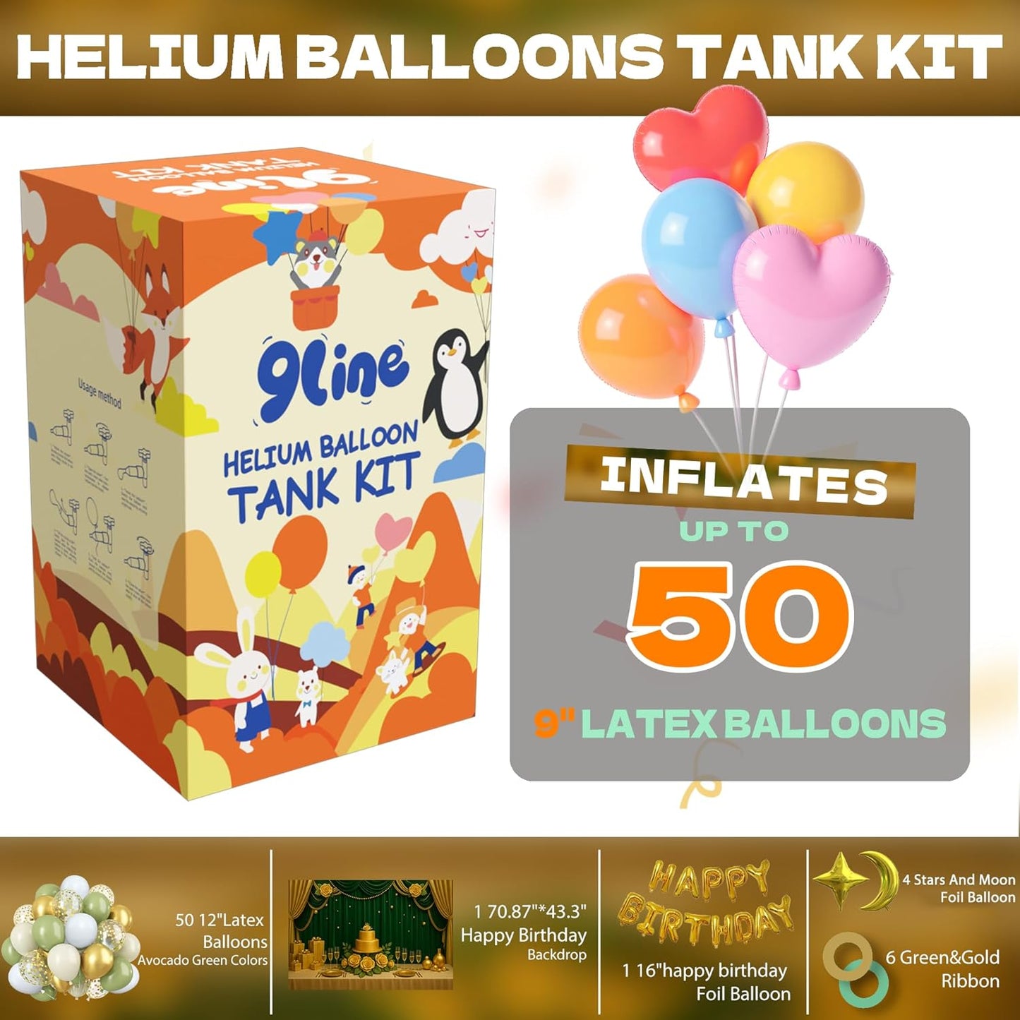 9Line 13L Helium Tank Up To 50 Latex Balloons,Helium Tank For Balloons At Home,50 12-Inch Avocado Green Latex Balloons, 17 Foil Balloons, 1 5.9X3.6Ft Backdrop, 8 Accessory Tools