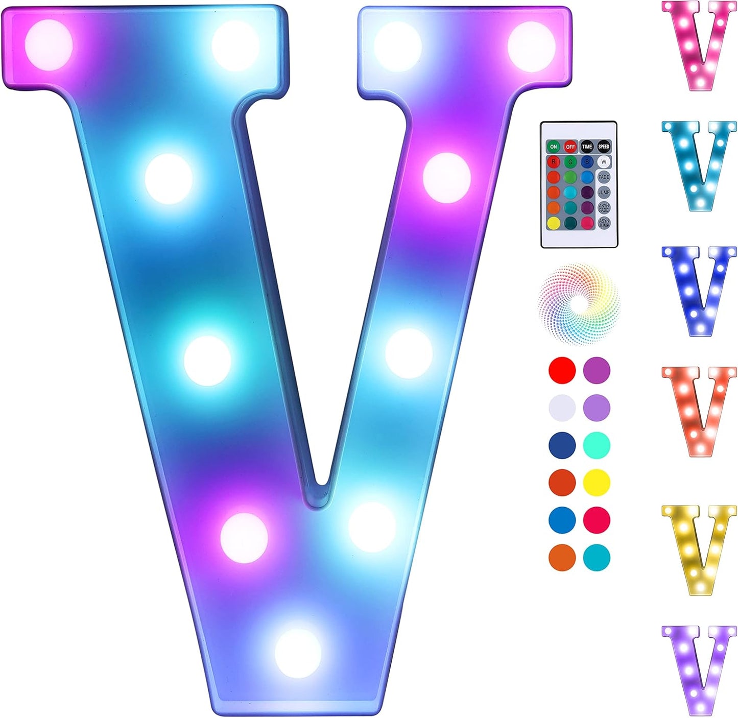 Foaky Colorful LED Letter Lights with Remote,Marquee Light Up Letters Sign for Night Light Wedding/Birthday Party Battery Powered Christmas Lamp Home Bar Decoration(V)