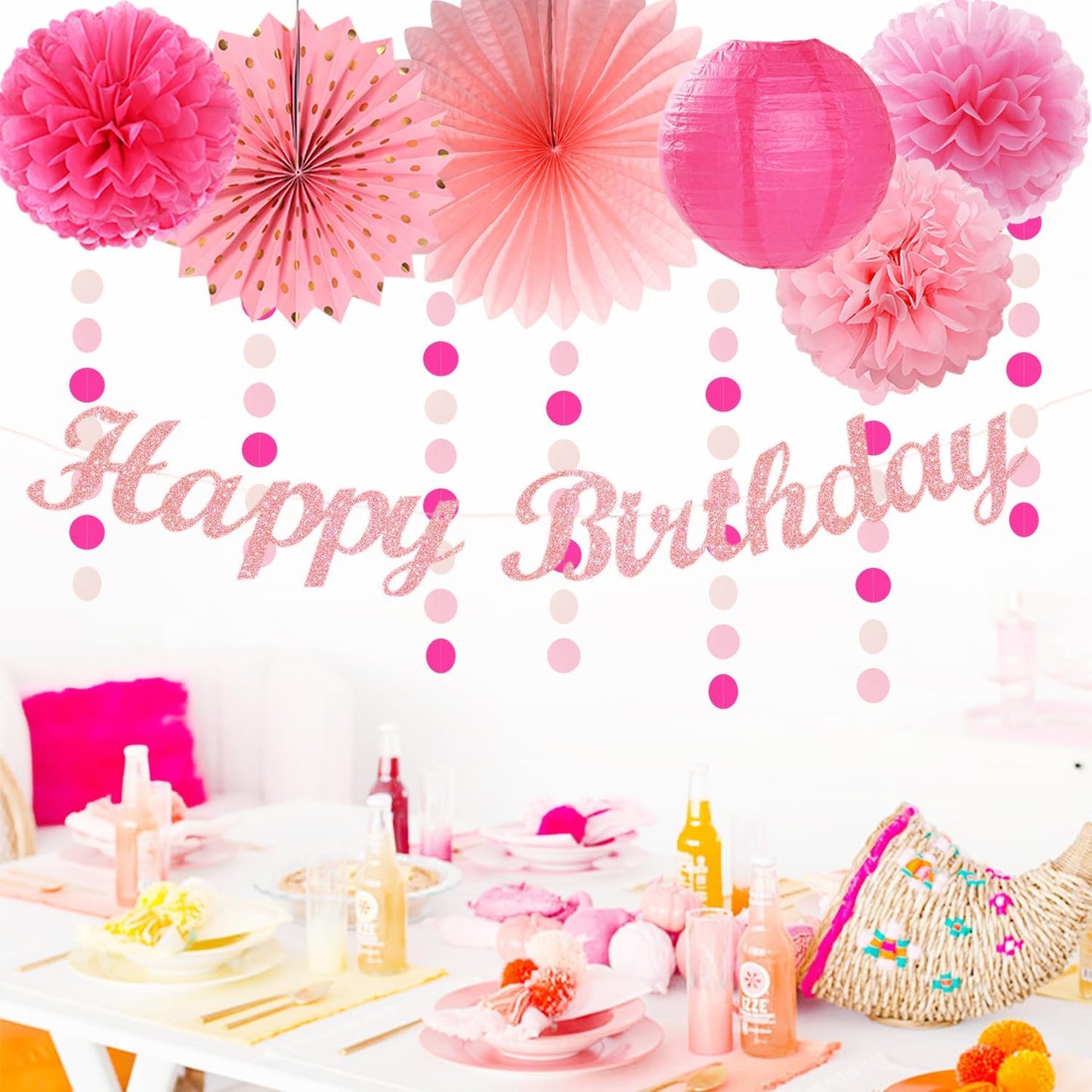 Light Hot Pink Birthday Party-Decorations - 21pcs Girl Happy Banner,Paper Lanterns Honeycomb,Tissue Pom Poms Flower Fan,Hanging Streamers Garland,18th 21st 30th Women Birthday Decor Supplies Huglony