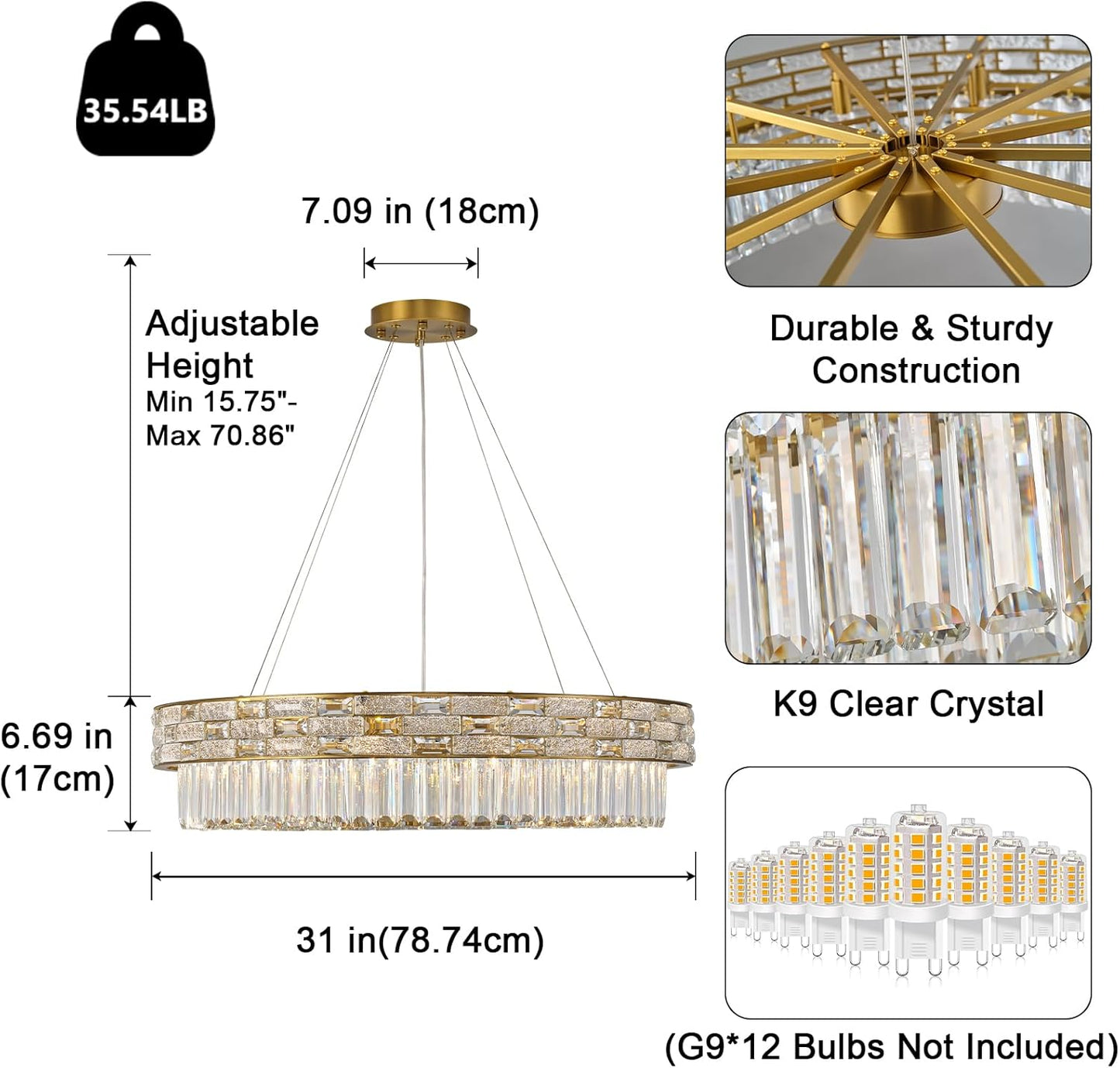 Crystal Chandelier, 31" 12-Light Large Chandelier for Living Room, Round Gold Chandeliers for Bedroom, High Ceiling Chandeliers, Foyer Lighting Fixtures Hanging Lights Dimmable