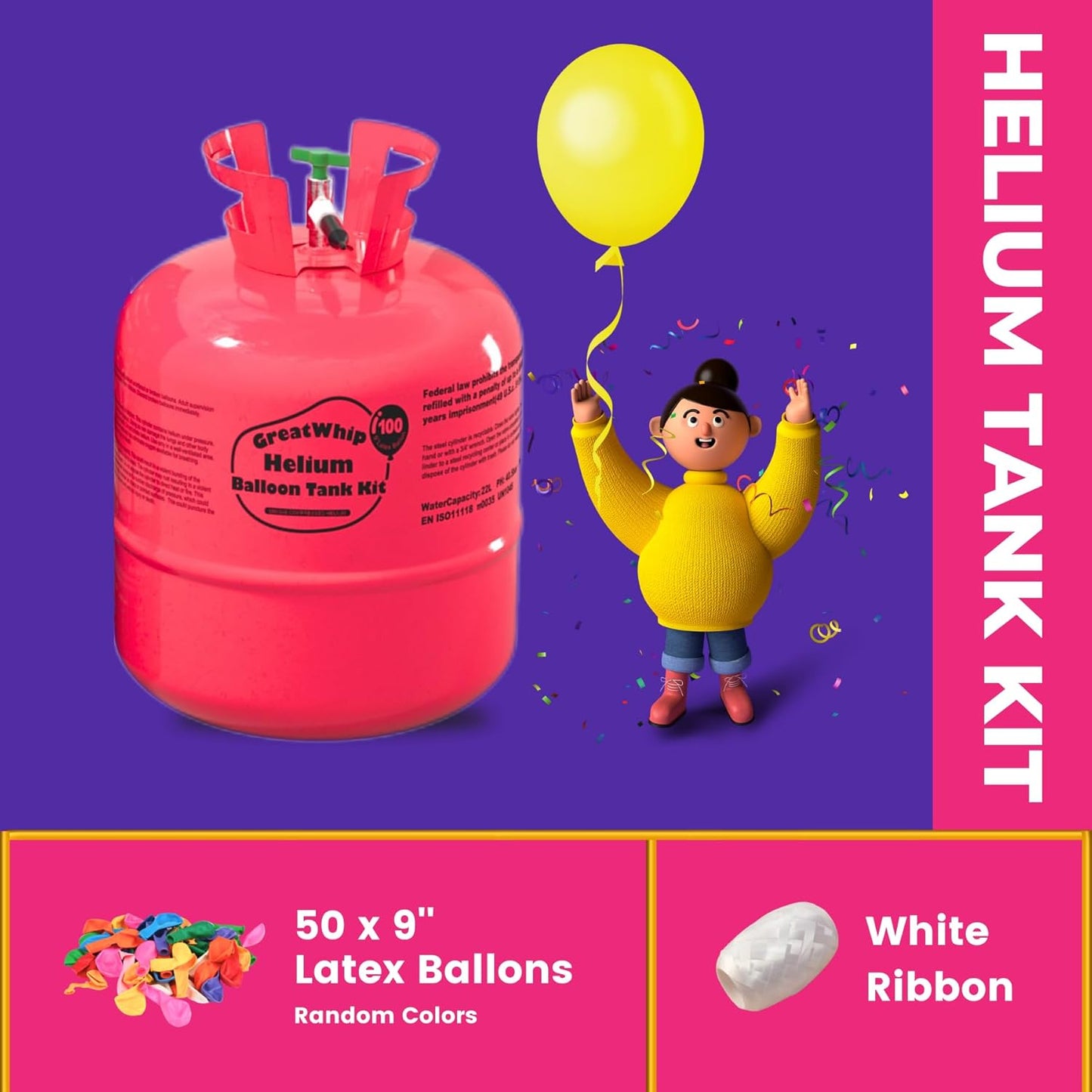 GreatWhip 22L Helium Tank Up To 100 Latex Balloons, Helium Tank For Balloons At Home, Latex Balloons And Ribbons Included