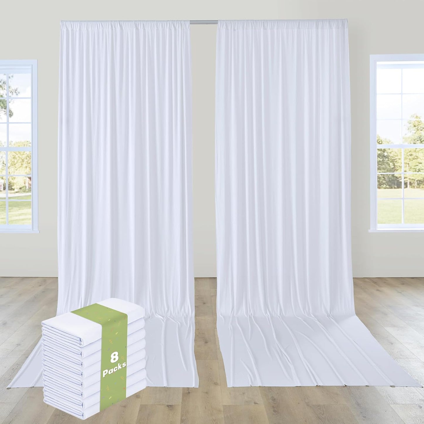 PartyVillage 40ft×15ft White Backdrop Curtain for Wedding Parties, 8 Panels Wrinkle Free 15 FT Long Polyester Photo Backdrop Drapes Back Drop Cloth for Birthday Photography Background